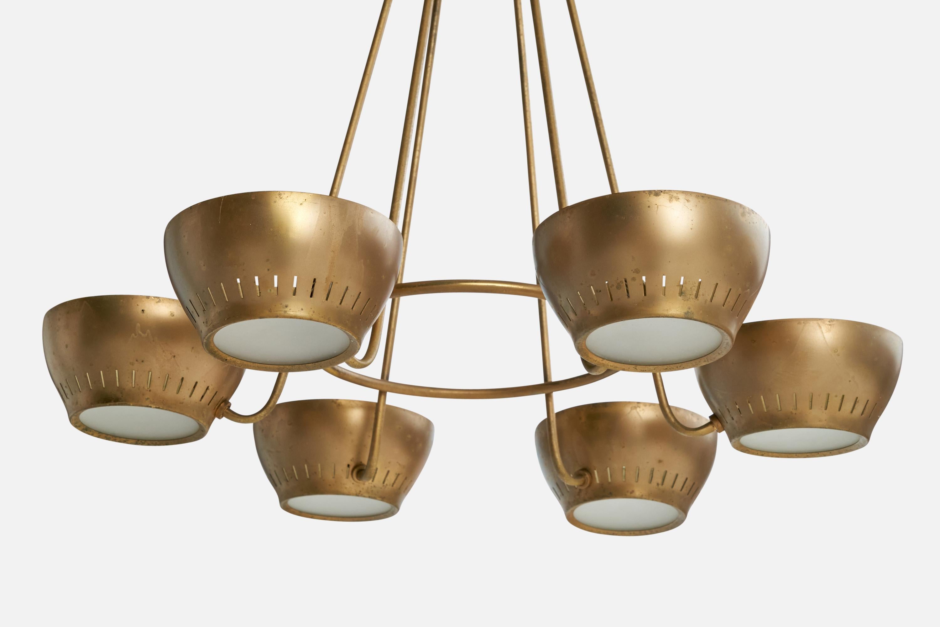 Lightolier Attribution, Chandelier, Brass, Glass, USA, 1950s For Sale 1