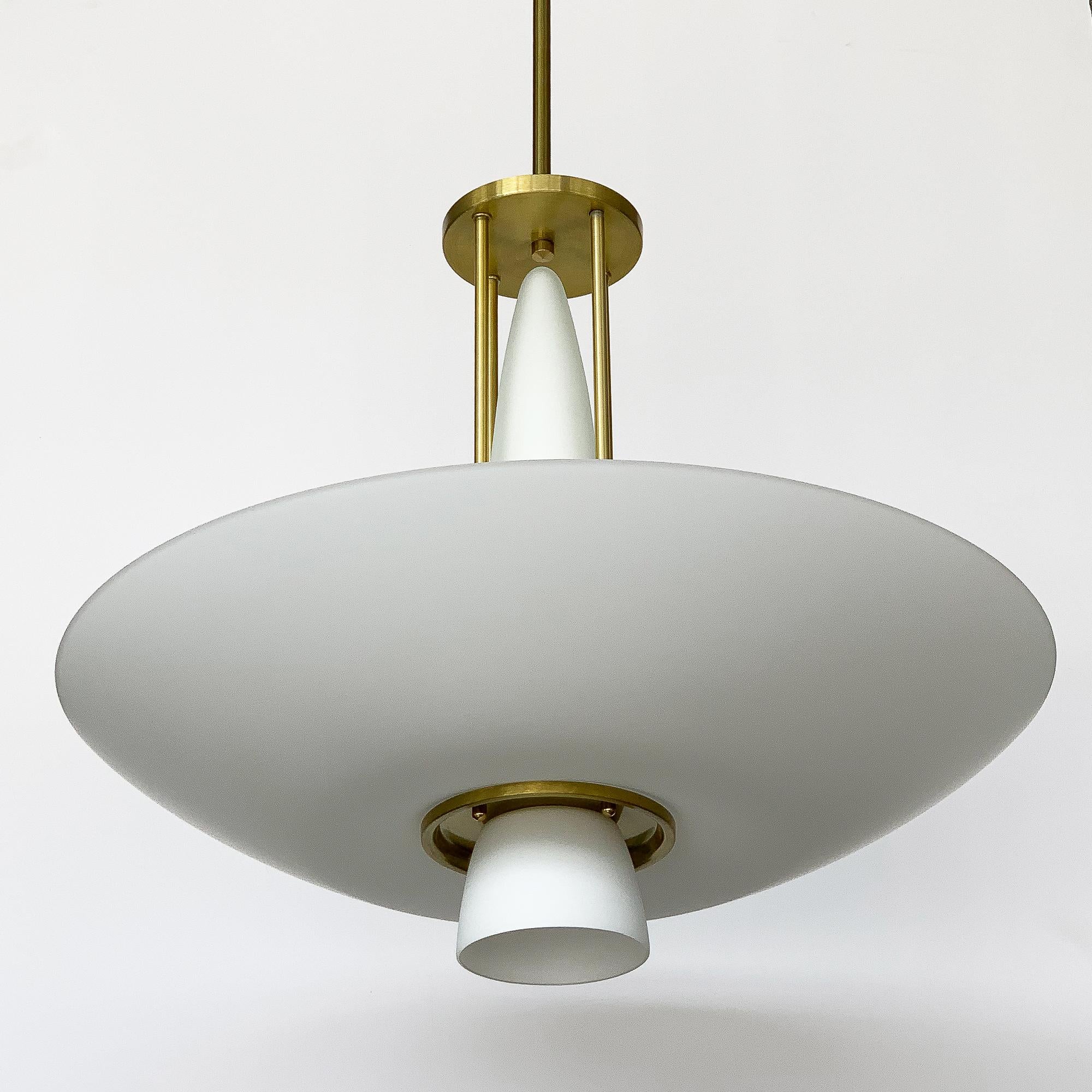 Lightolier Brass and White Glass Art Deco Style Chandelier 4
