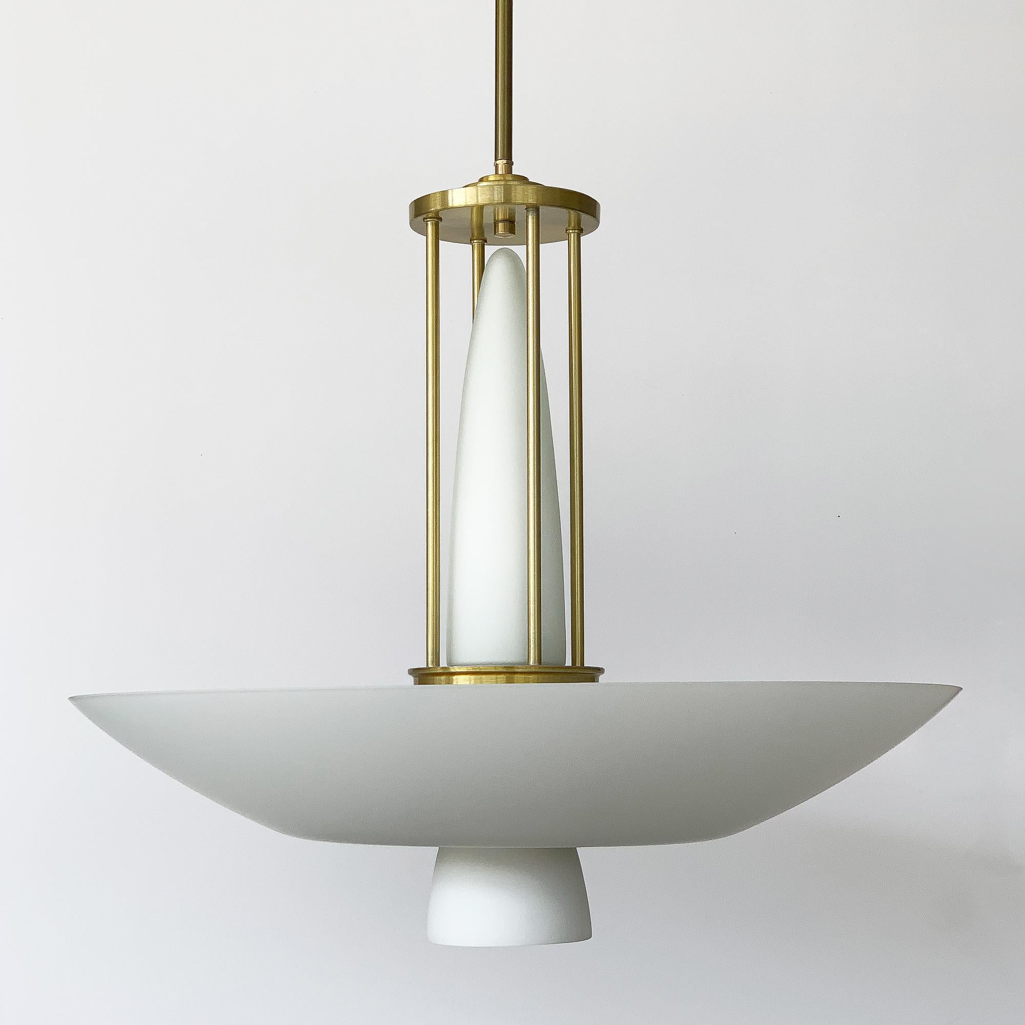 Aluminum Lightolier Brass and White Glass Art Deco Style Chandelier