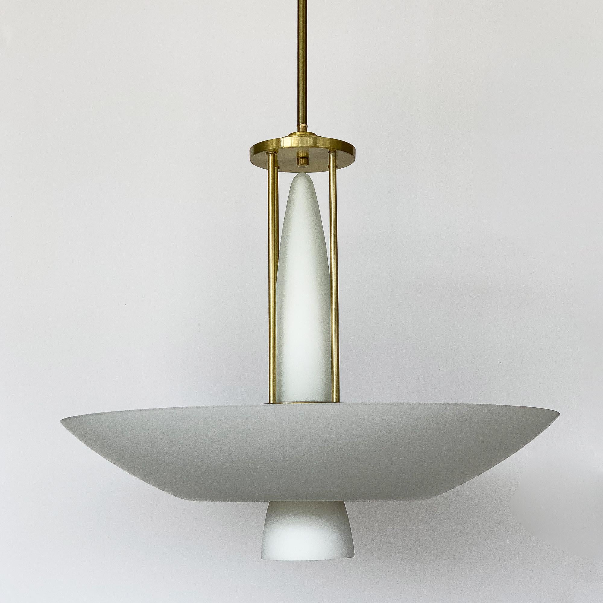 Lightolier Brass and White Glass Art Deco Style Chandelier 2