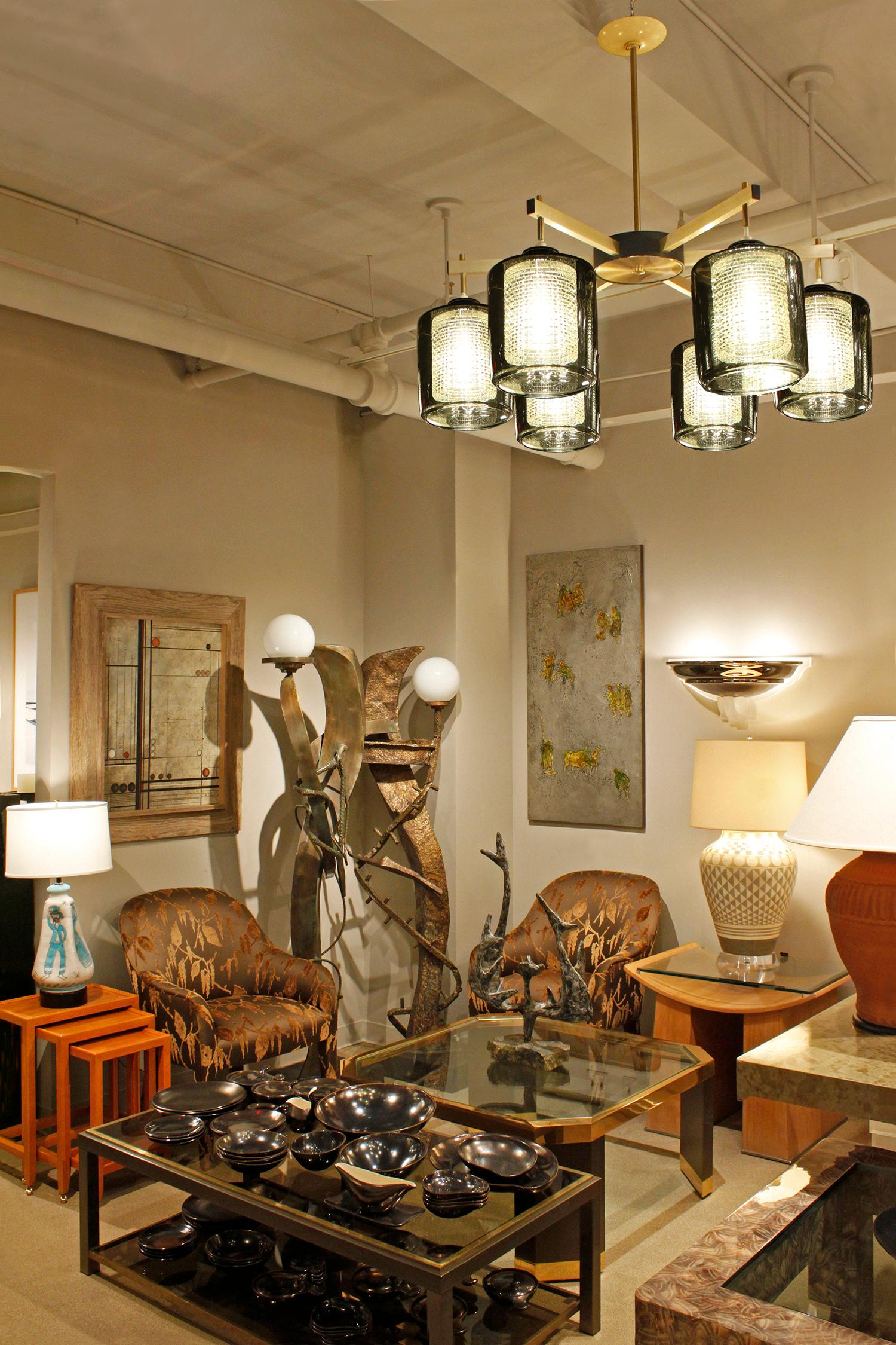 Lightolier Brass Chandelier with Diffusers & Smoked Glass Shades, 1950s 'Signed' In Excellent Condition In New York, NY