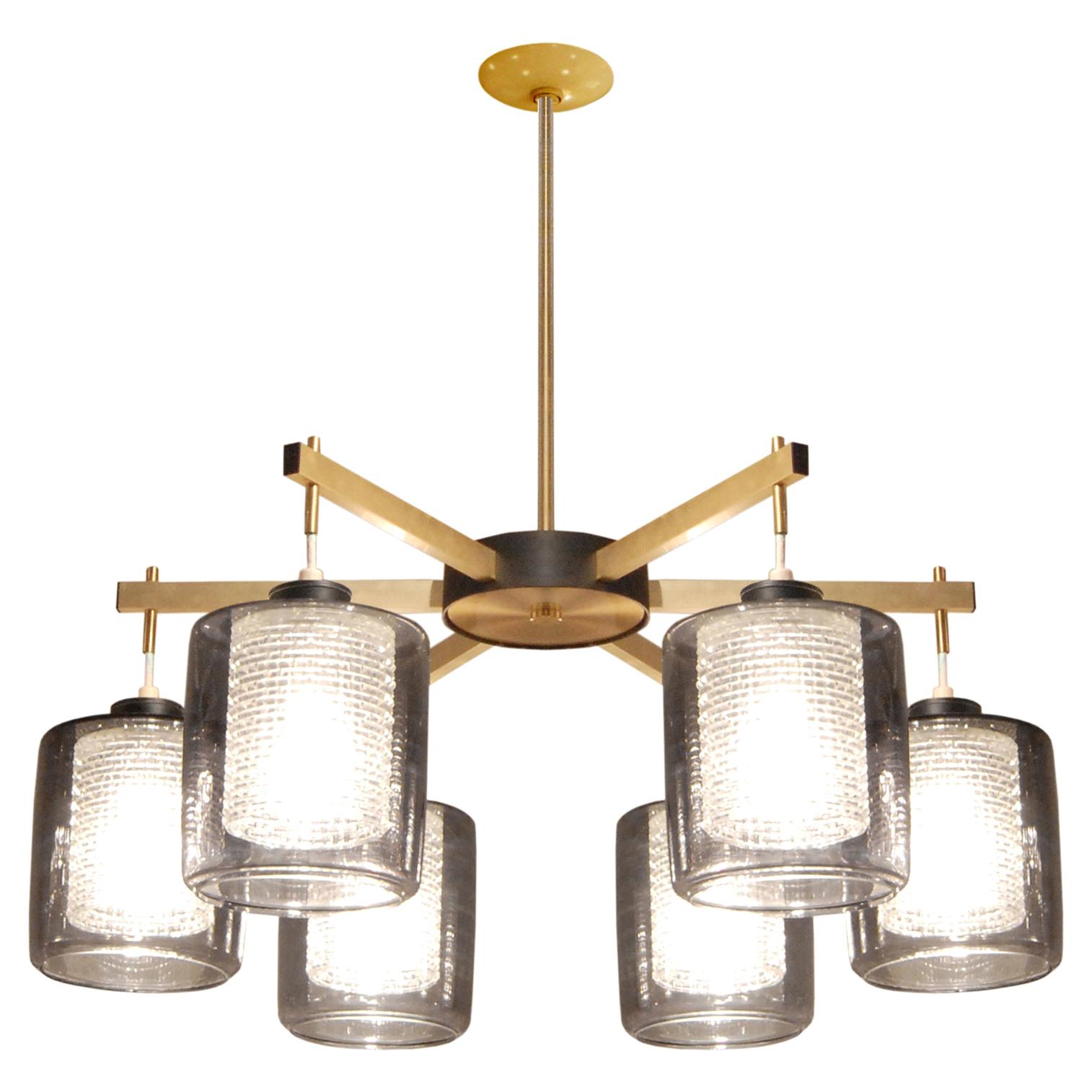 Lightolier Brass Chandelier with Diffusers & Smoked Glass Shades, 1950s 'Signed'