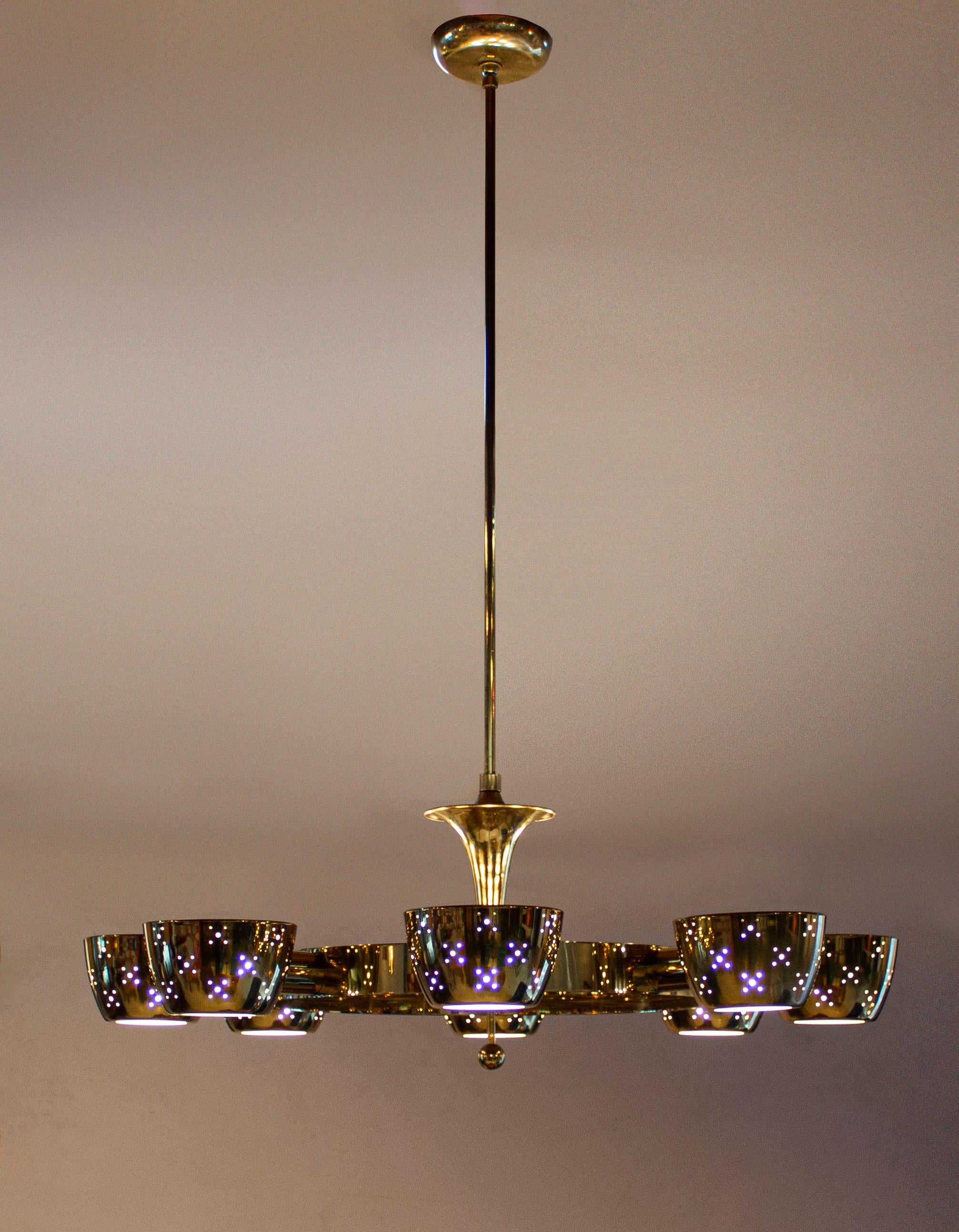 Lightolier Chandelier after Gino Sarfatti in Perforated Brass and Frosted Glass 4