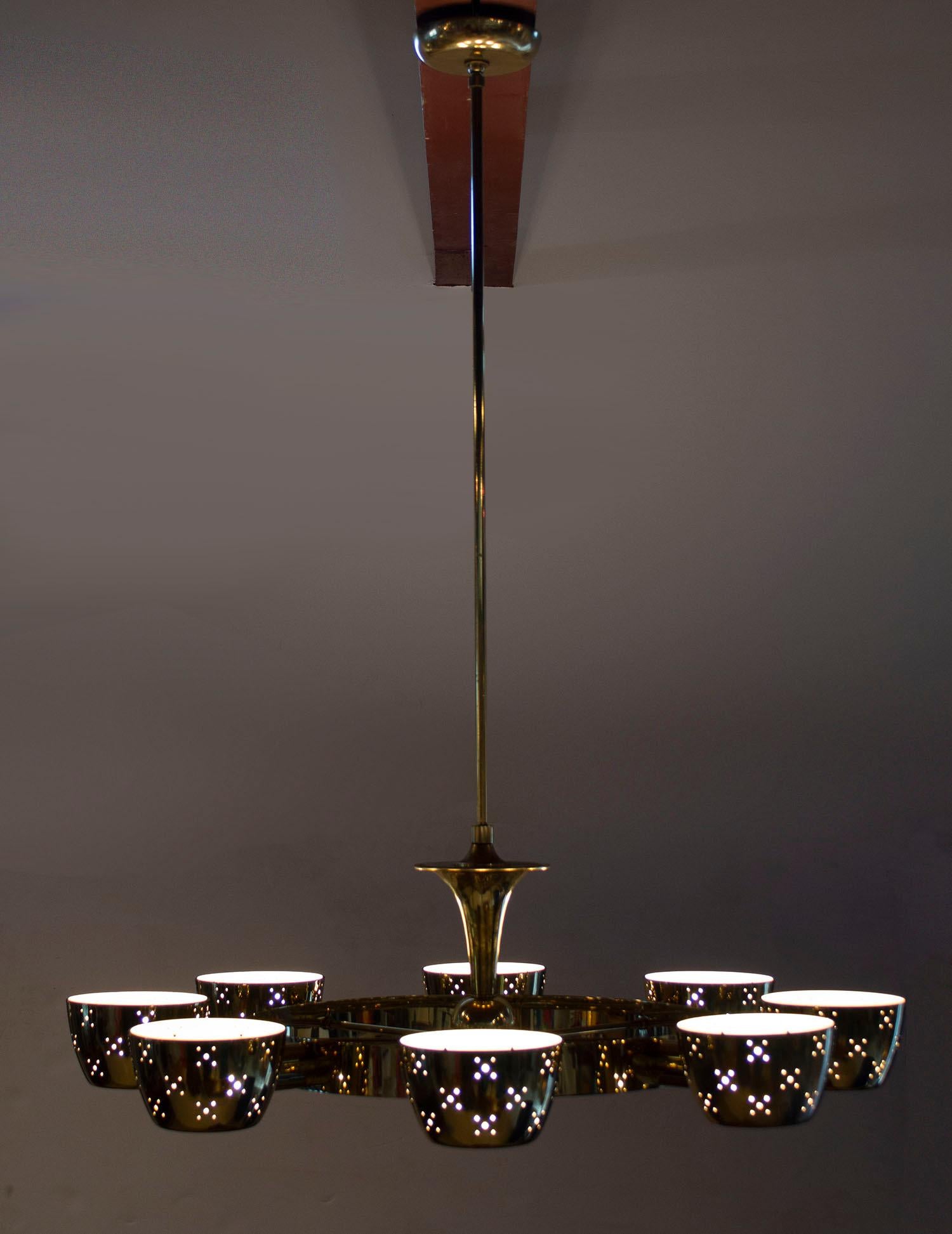 Lightolier Chandelier after Gino Sarfatti in Perforated Brass and Frosted Glass 5