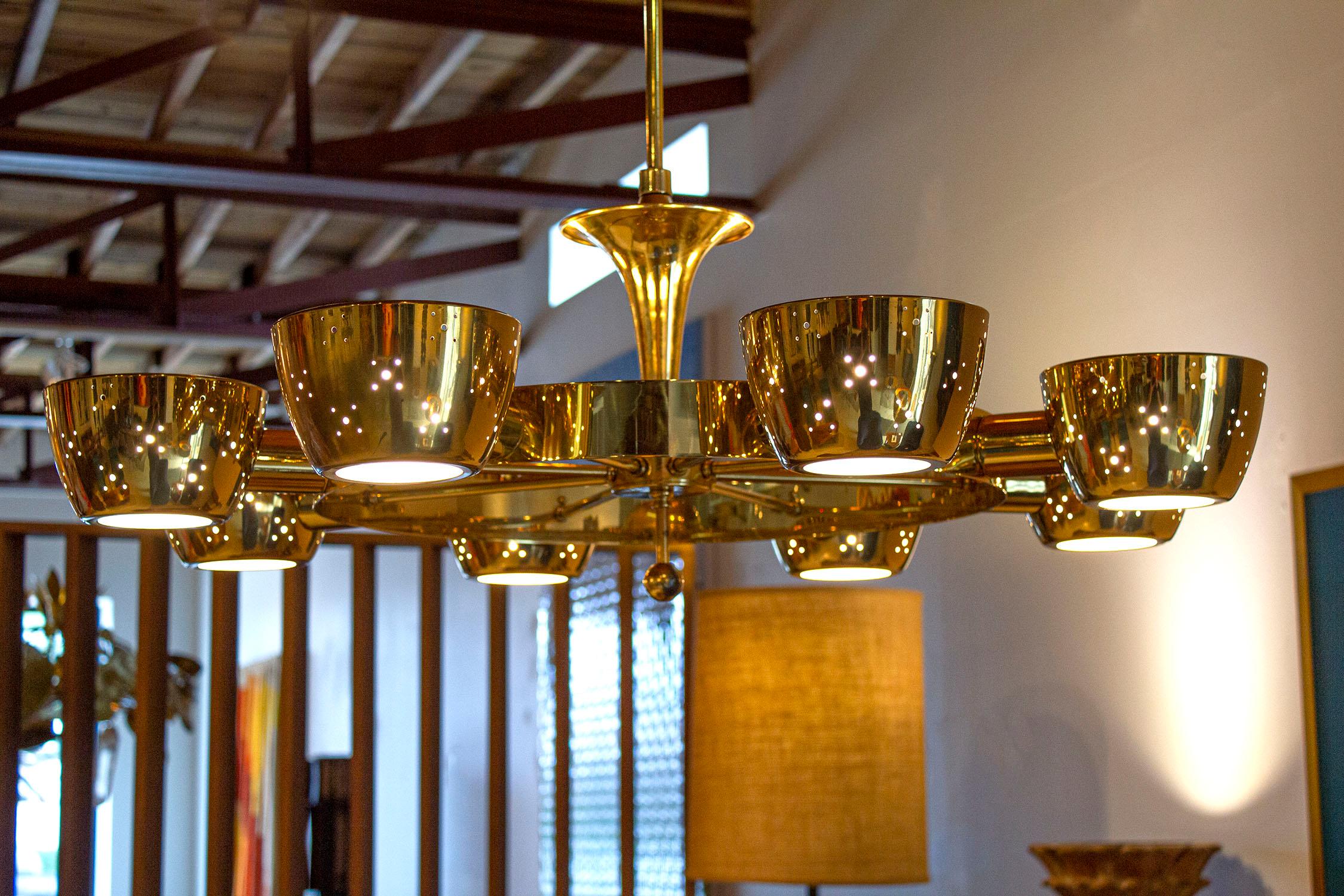 Mid-Century Modern Lightolier Chandelier after Gino Sarfatti in Perforated Brass and Frosted Glass