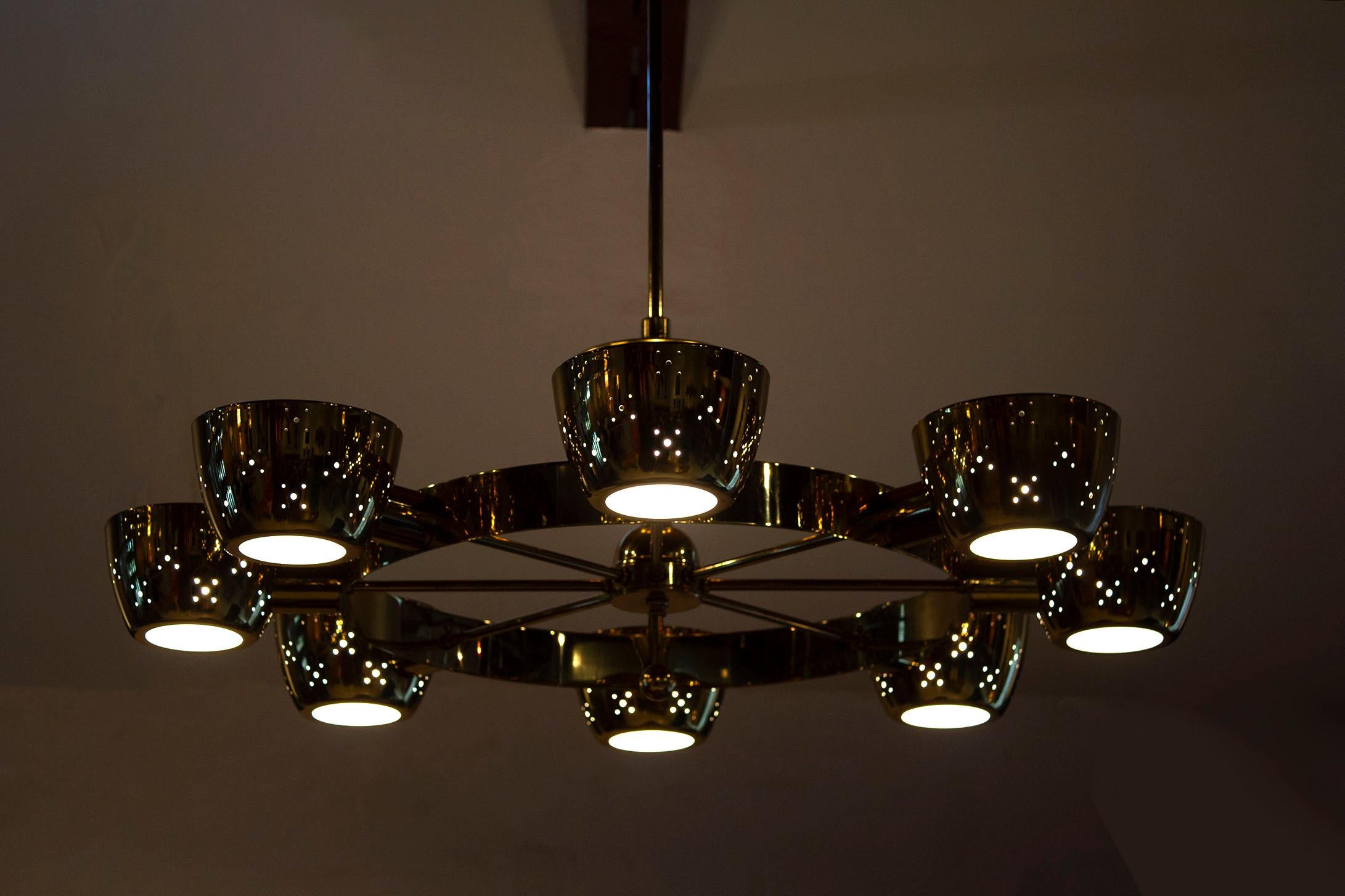 Lightolier Chandelier after Gino Sarfatti in Perforated Brass and Frosted Glass 1