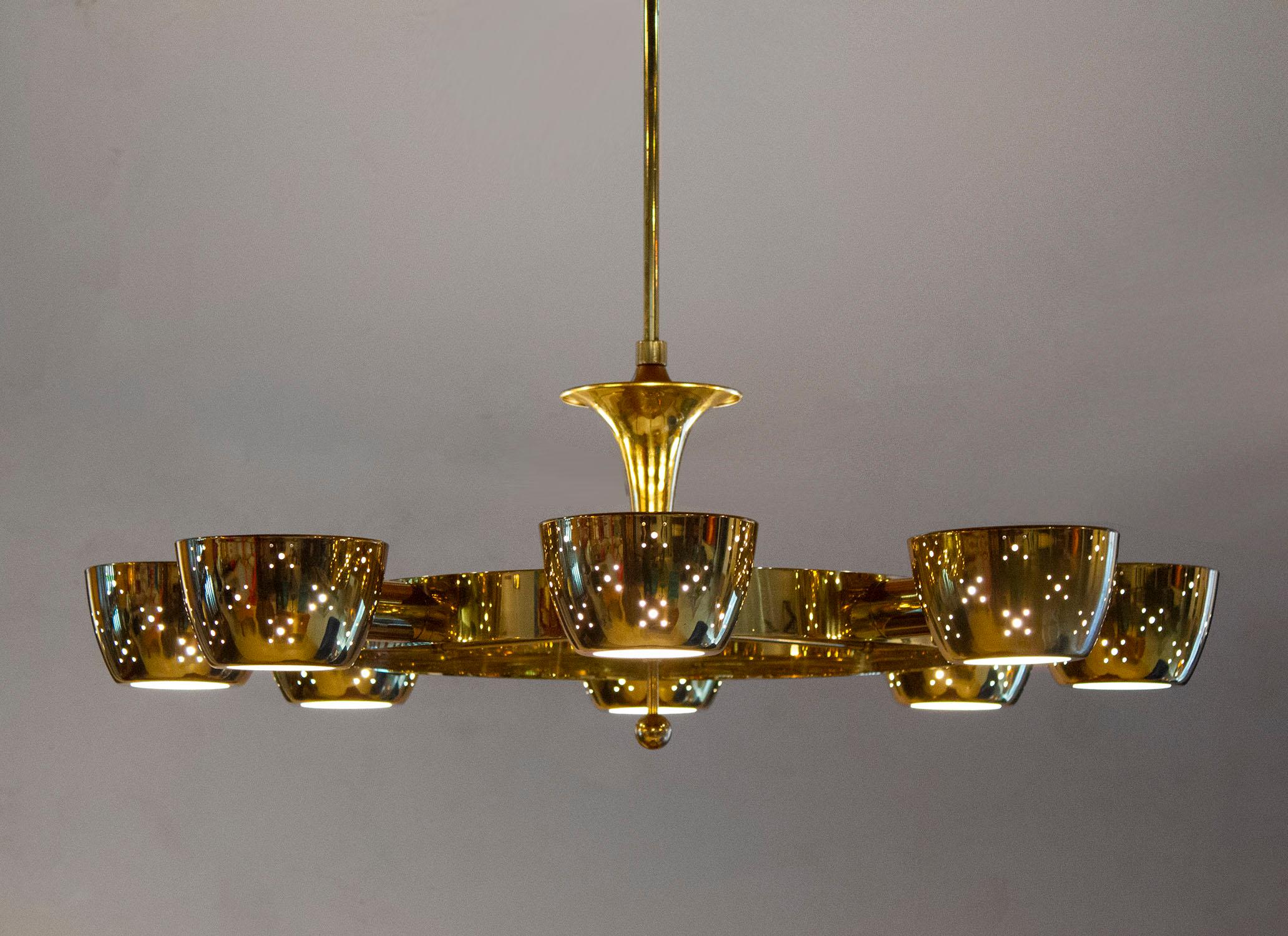 Lightolier Chandelier after Gino Sarfatti in Perforated Brass and Frosted Glass 2