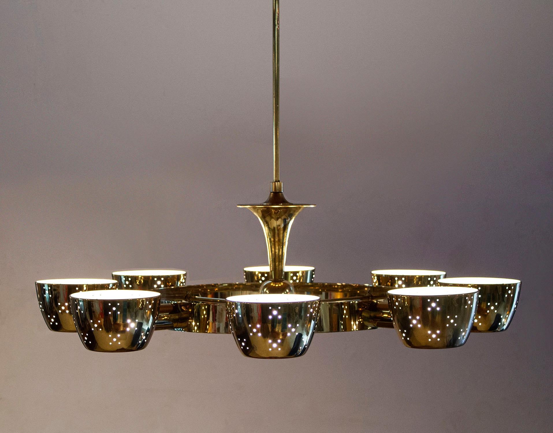 Lightolier Chandelier after Gino Sarfatti in Perforated Brass and Frosted Glass 3