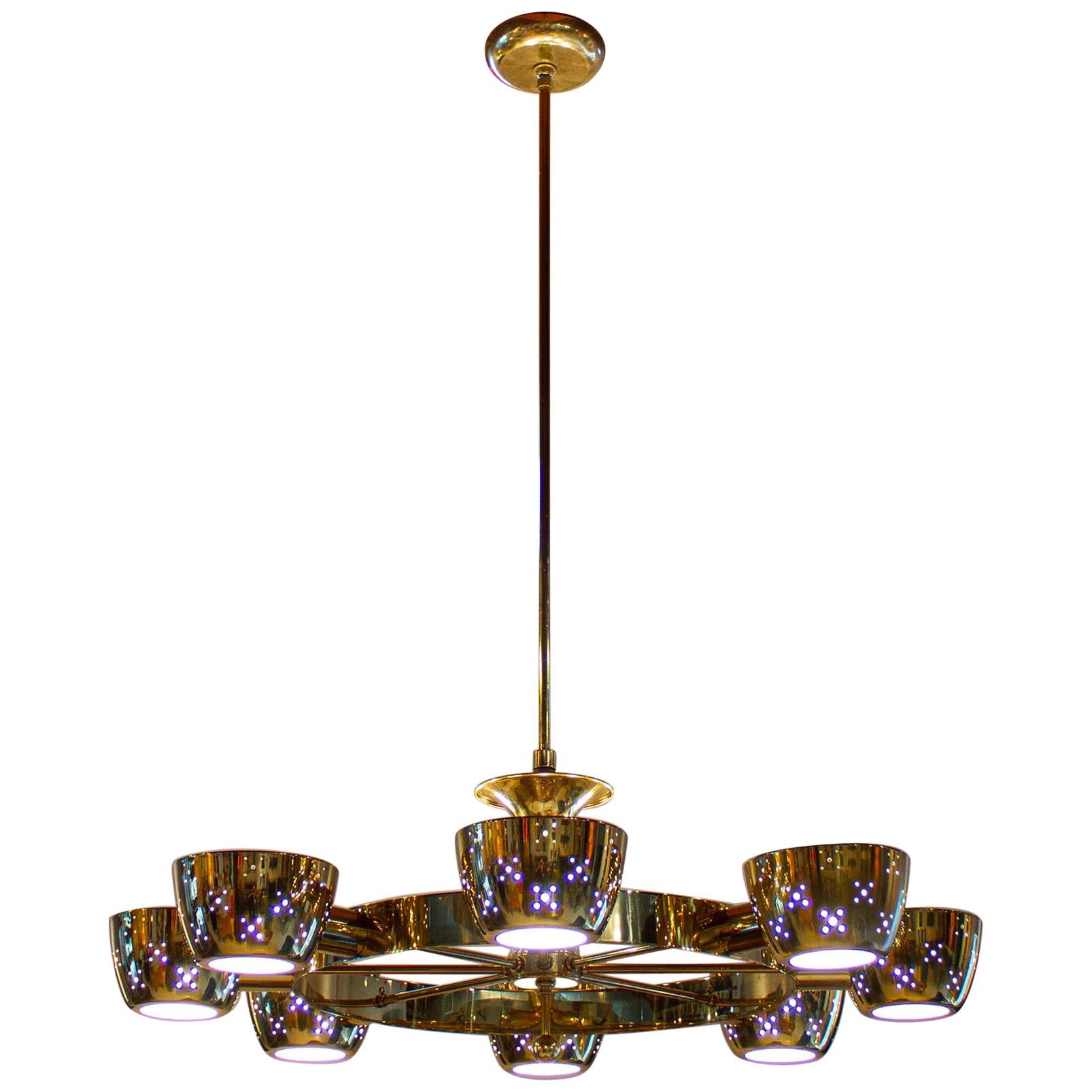 Lightolier Chandelier after Gino Sarfatti in Perforated Brass and Frosted Glass