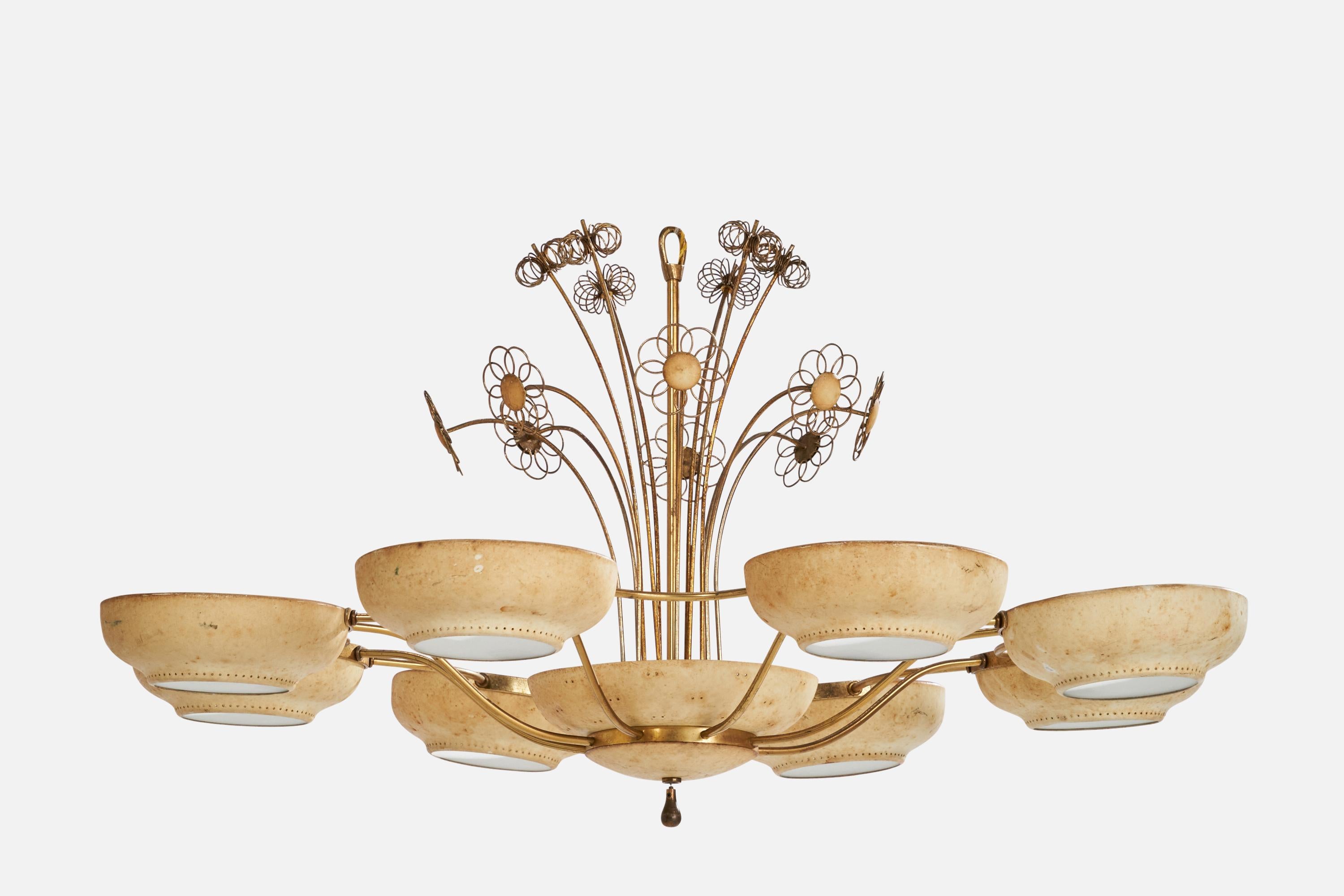 A brass and beige-lacquered metal and glass chandelier designed and produced by Lightolier, USA, 1950s.

Dimensions of canopy (inches): N/A
Socket takes standard E-26 & E-14 bulbs. 12 sockets.There is no maximum wattage stated on the fixture. All