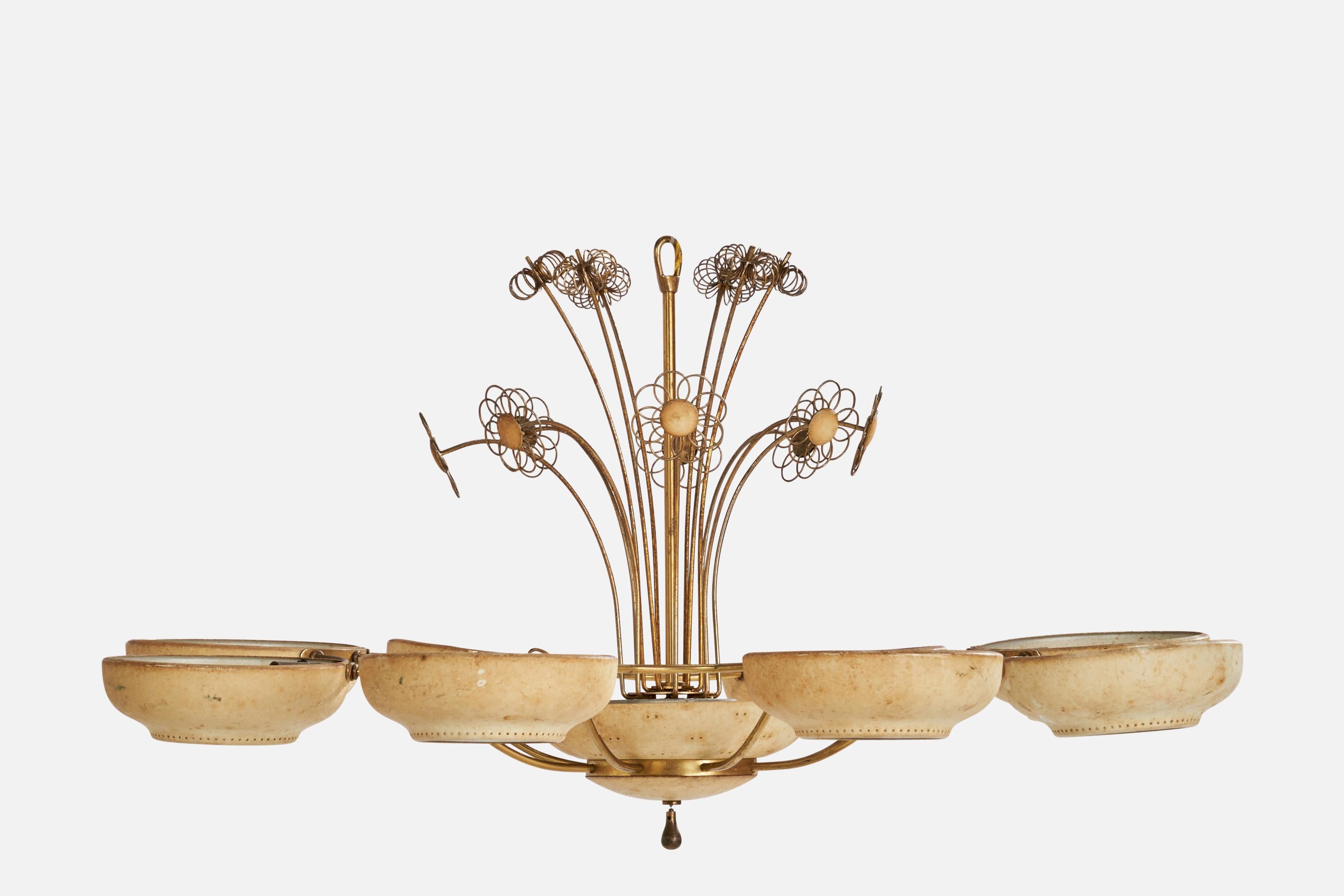Mid-Century Modern Lightolier, Chandelier, Brass, Metal, Glass, USA, 1950s For Sale