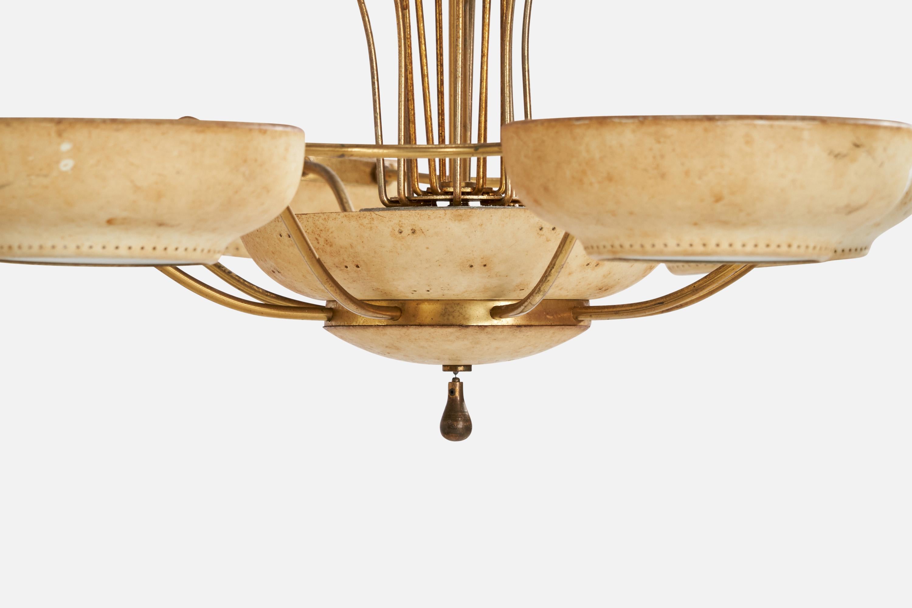 Mid-20th Century Lightolier, Chandelier, Brass, Metal, Glass, USA, 1950s For Sale
