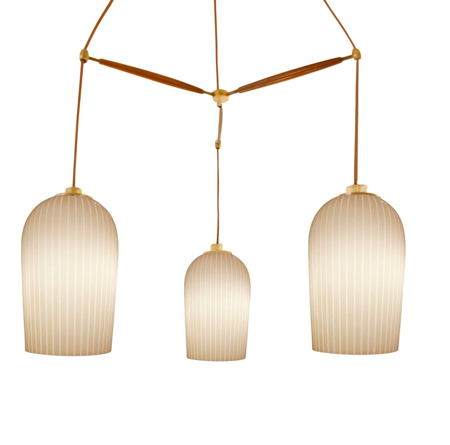 American Lightolier Chandelier with Three Striped Milk Glass Shades, 1950s For Sale