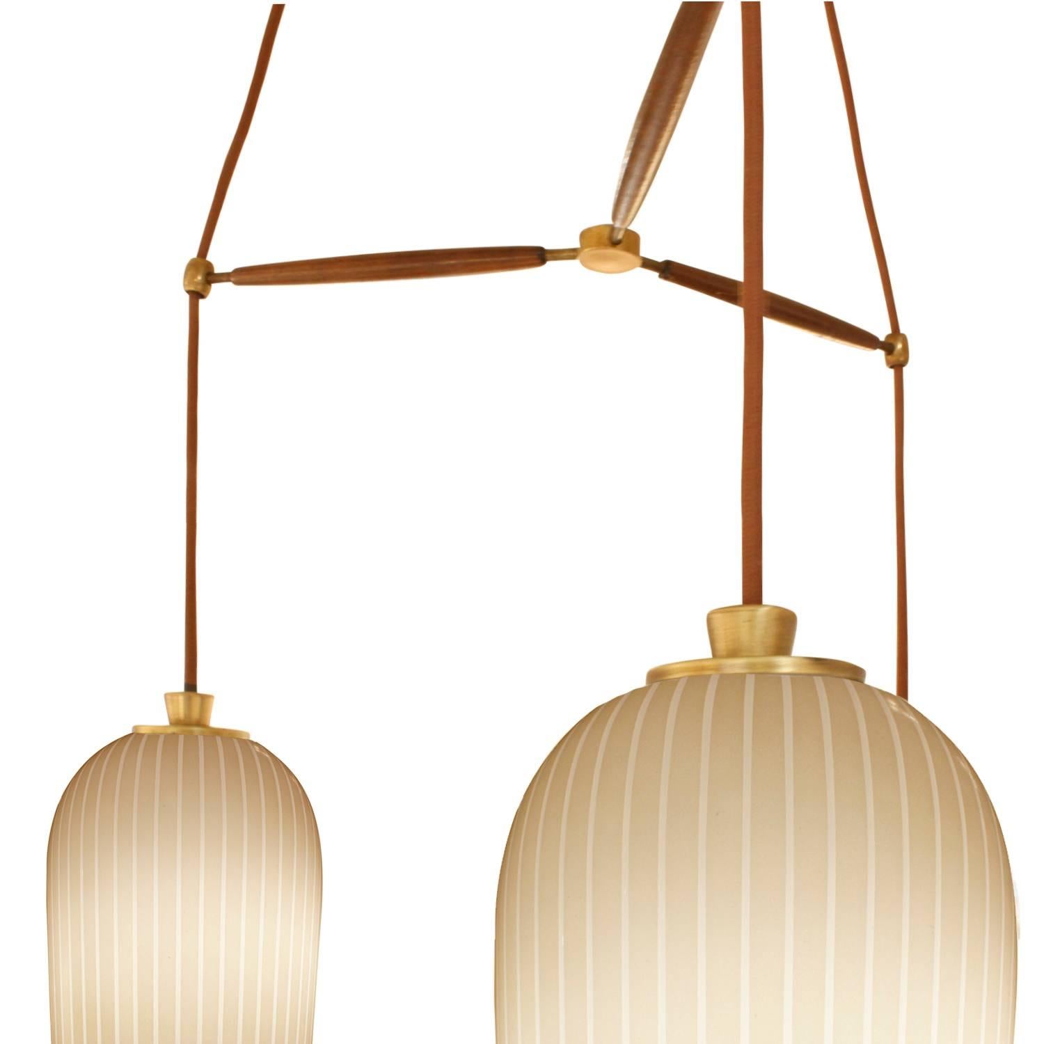 Hand-Crafted Lightolier Chandelier with Three Striped Milk Glass Shades, 1950s For Sale