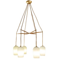 Lightolier Chandelier with Six Striped Milk Glass Shades 1950s