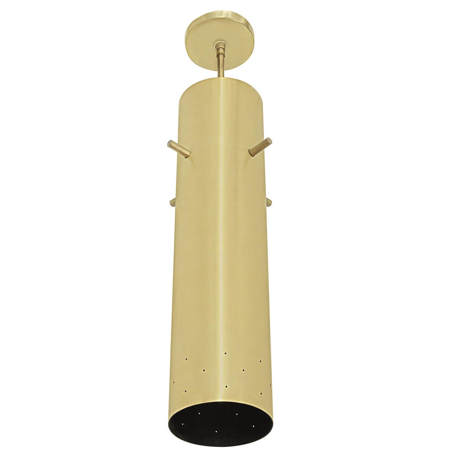 1 pendant light in brass with pin holes at bottom by Lightolier, American, 1950s. The brass has been lacquered so it will not tarnish.