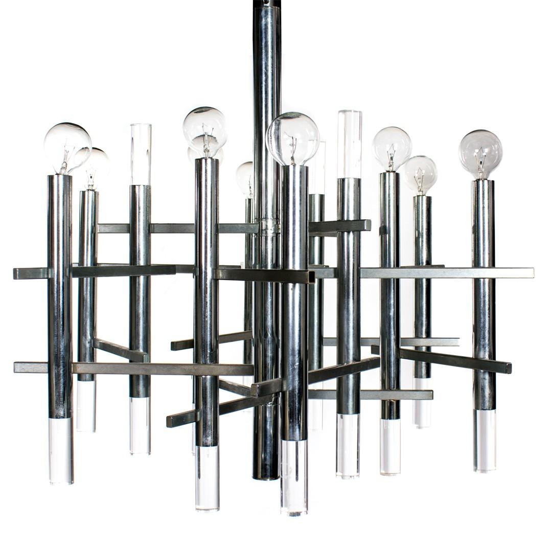 Polished Lightolier Chrome and Lucite Twelve-Arm Chandelier by Gaetano Sciolari