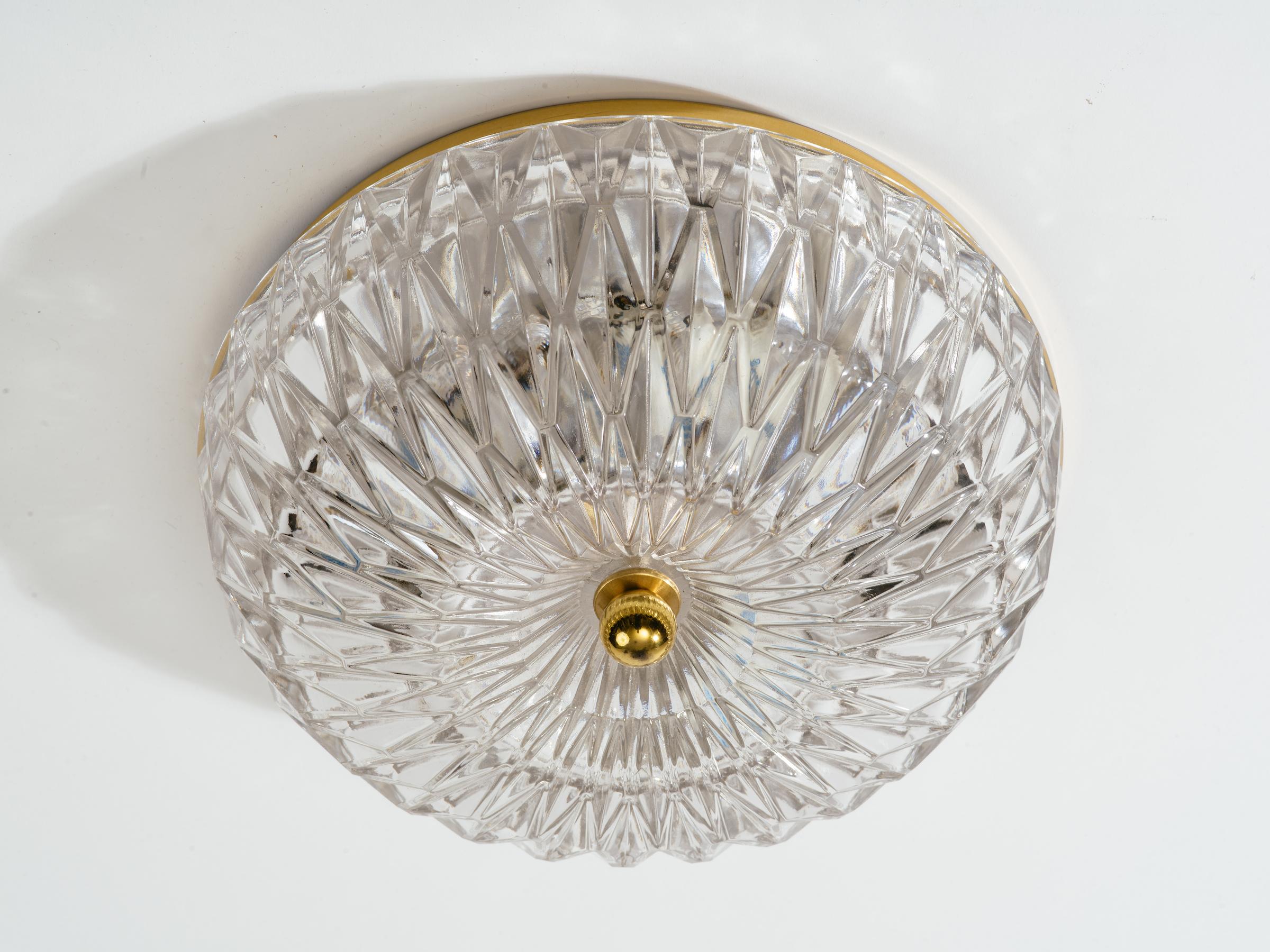 German cut glass dome flush mount chandelier with brass rim and finial by Lightolier, circa 1960s.  Paper label attached.