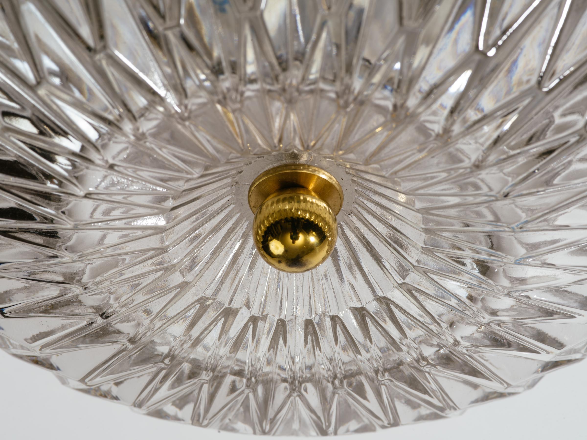 Metalwork Lightolier German Glass and Brass Flush Mount Chandelier For Sale