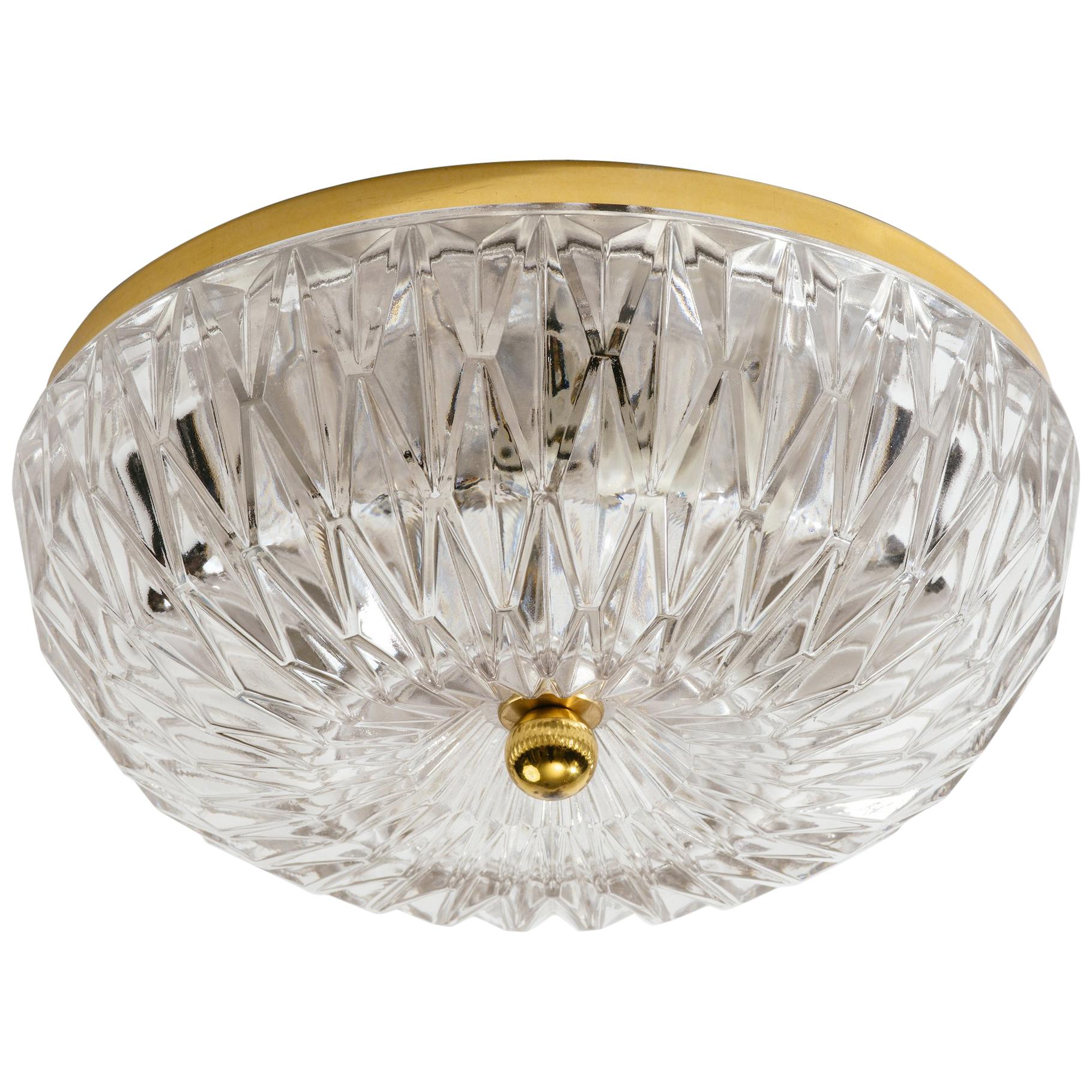 Lightolier German Glass and Brass Flush Mount Chandelier For Sale