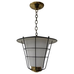 Vintage Lightolier Mid-Century Modern Glass Brass & Iron Pendant Lamp