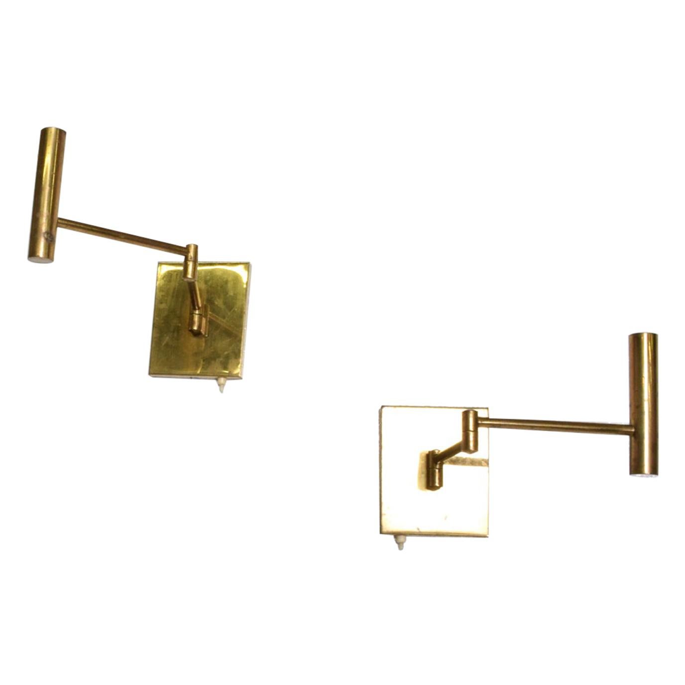 Lightolier Modern Pair Brass Wall Sconces Articulating Arm Gerald Thurston 1960s