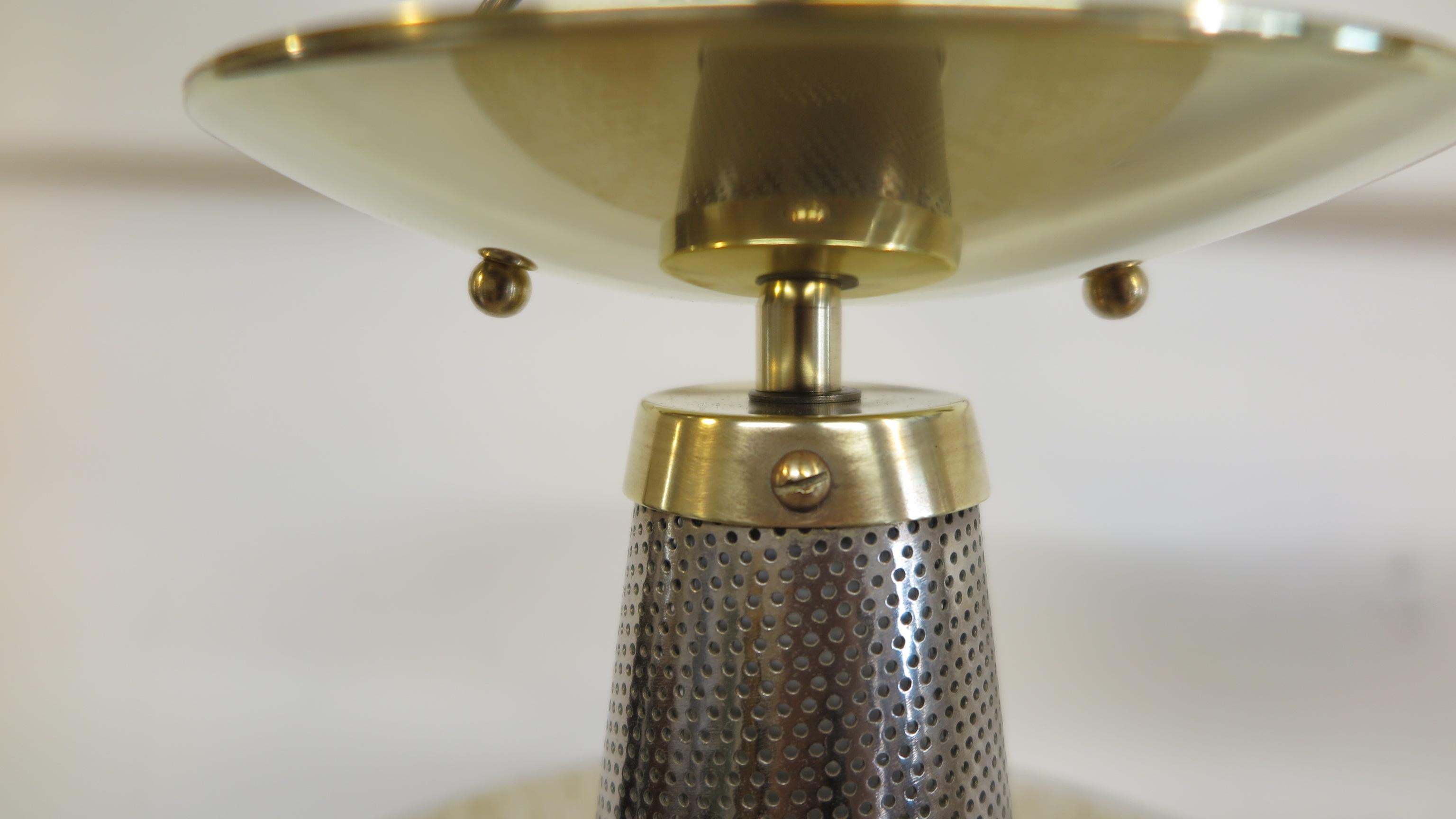 Gerald Thurston for Lightolier brass and glass pendant light. Brass and steel mesh cone supporting a domed textured glass shade with overlaid faux gilding to the underside. Lightolier labels to underside. Very special, American, 1950-1959. In very