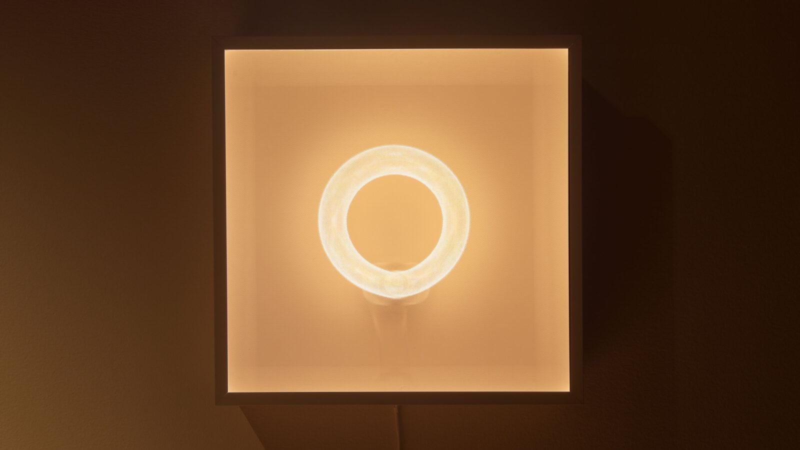 Lightpulse wall lamp by Studio Lampent
Dimensions: D 53 x W 53 x H 13
Materials: Acrylic, wood. 
Weight: 4,5 kg.
Customizable frame wood type (oak, ash, birch, etc) and color.

All our lamps can be wired according to each country. If sold to