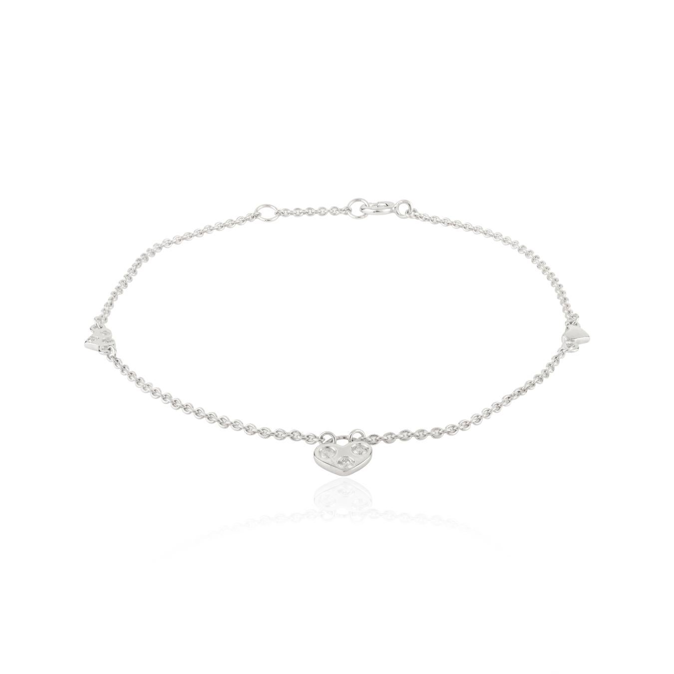 Bracciale leggero con catena di diamanti a forma di cuore impilabile in oro bianco massiccio 14 carati in vendita 1