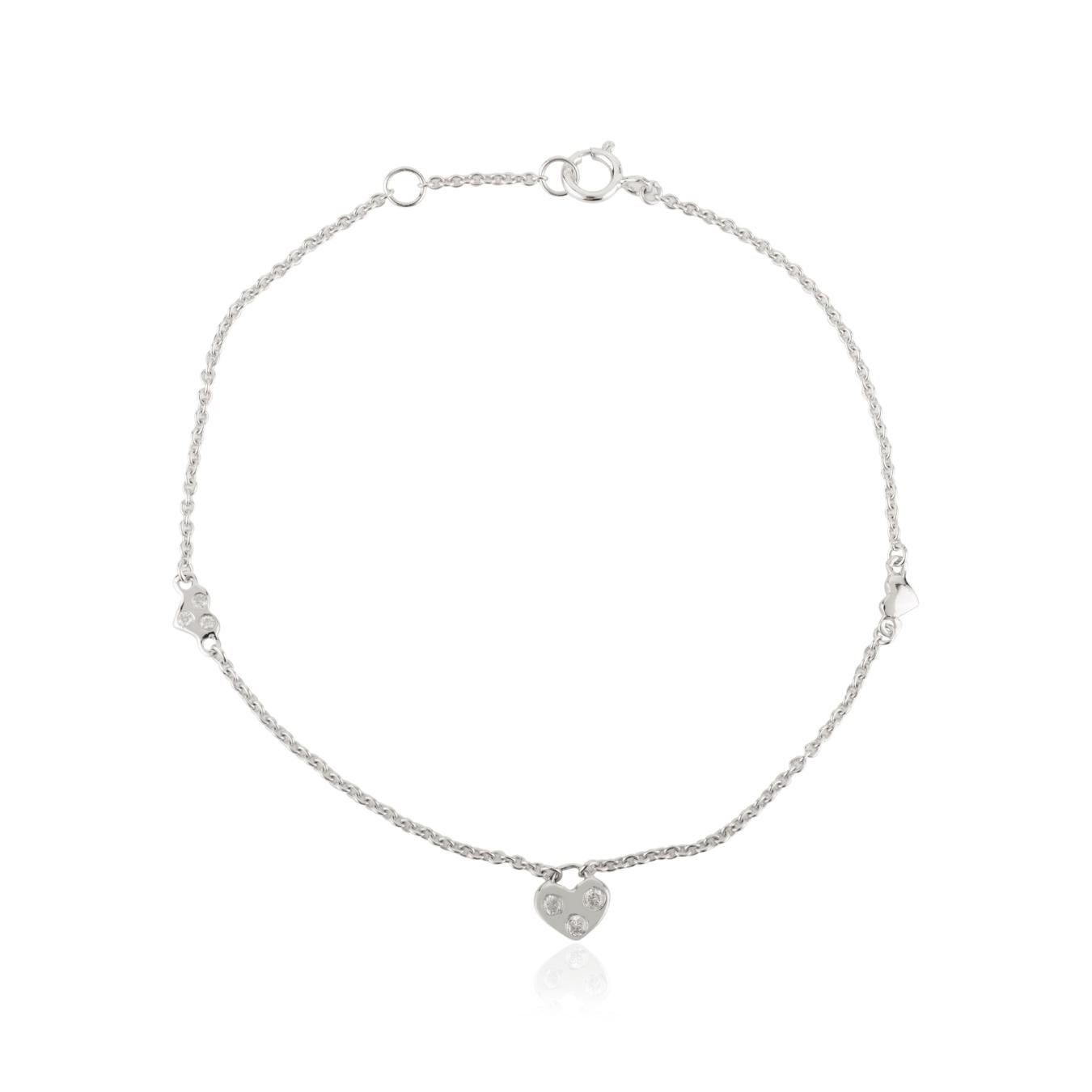Bracciale leggero con catena di diamanti a forma di cuore impilabile in oro bianco massiccio 14 carati in vendita 3