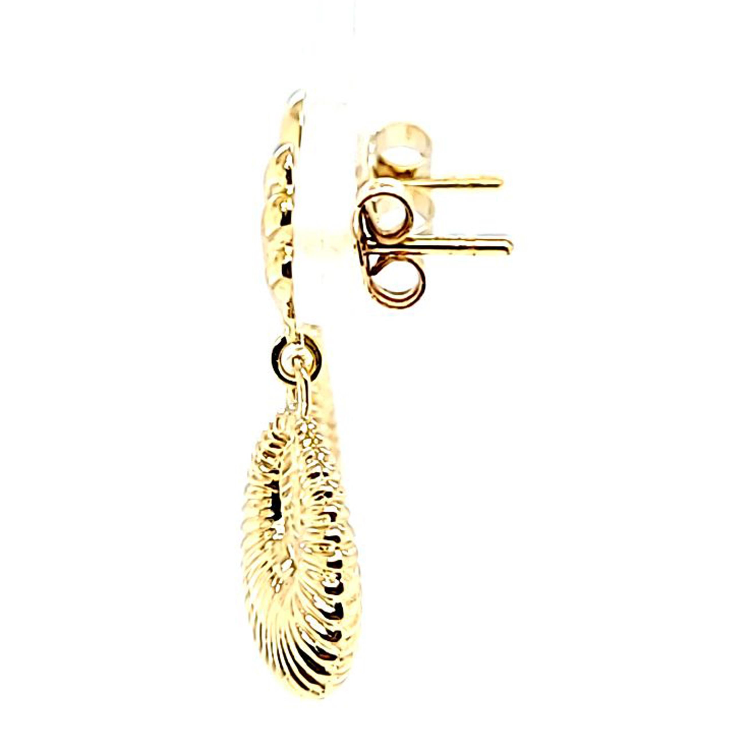18 Karat Yellow Gold Lightweight Dangle Earrings Featuring A Ribbed Design. 1 Inch Long. Pierced Post with Friction Back. Finished Weight is 2.3 Grams.