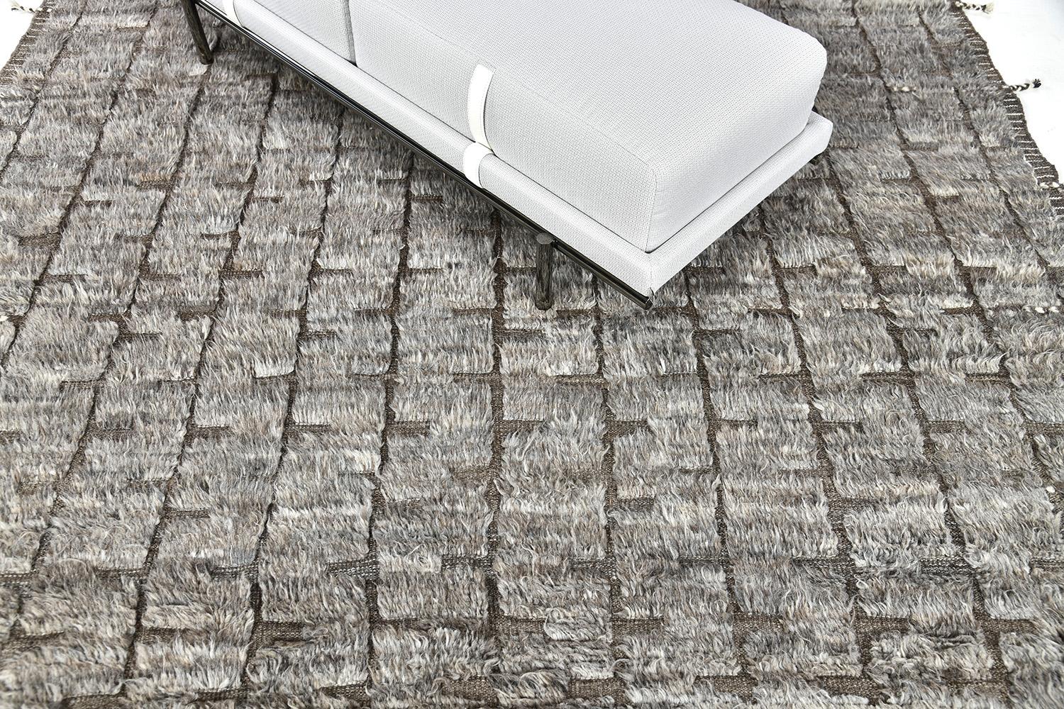 The signature collection of California. Handwoven luxurious wool rug, made of timeless design elements and natural earth tones with the perfect shade of white shag and taupe flat weave. Haute Bohemian Collection: designed in Los Angeles named for
