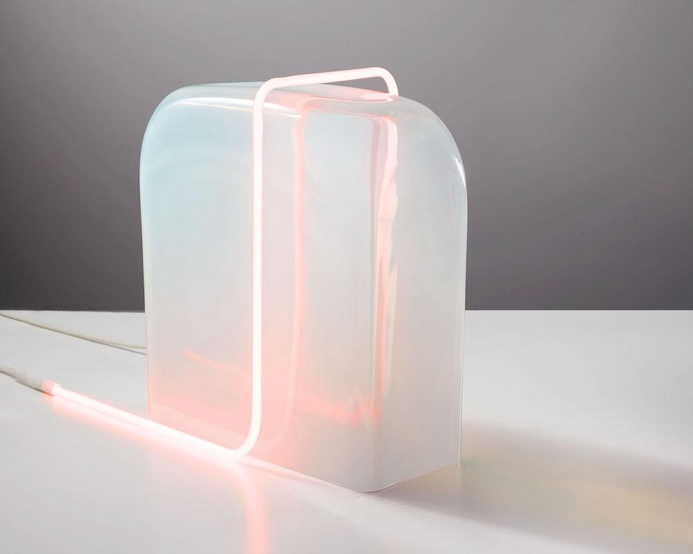 Dutch Ligne Light 2, Pink Neon, White Glass, by Sabine Marcelis, Glass Table Lamp For Sale