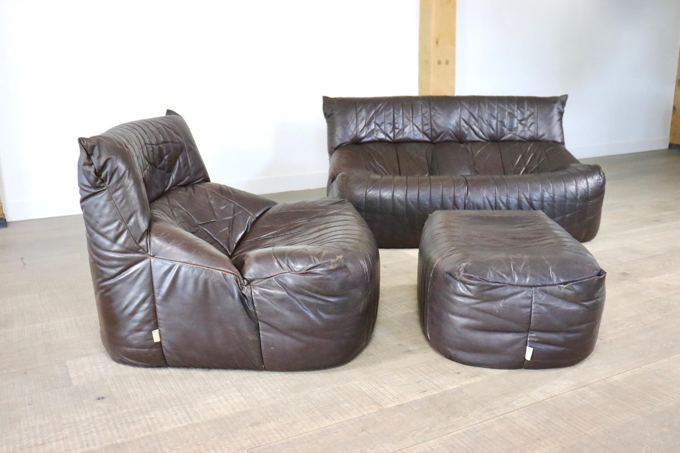Ligne Roset Aralia seating group in brown leather by Michel Ducaroy, 1970s 4
