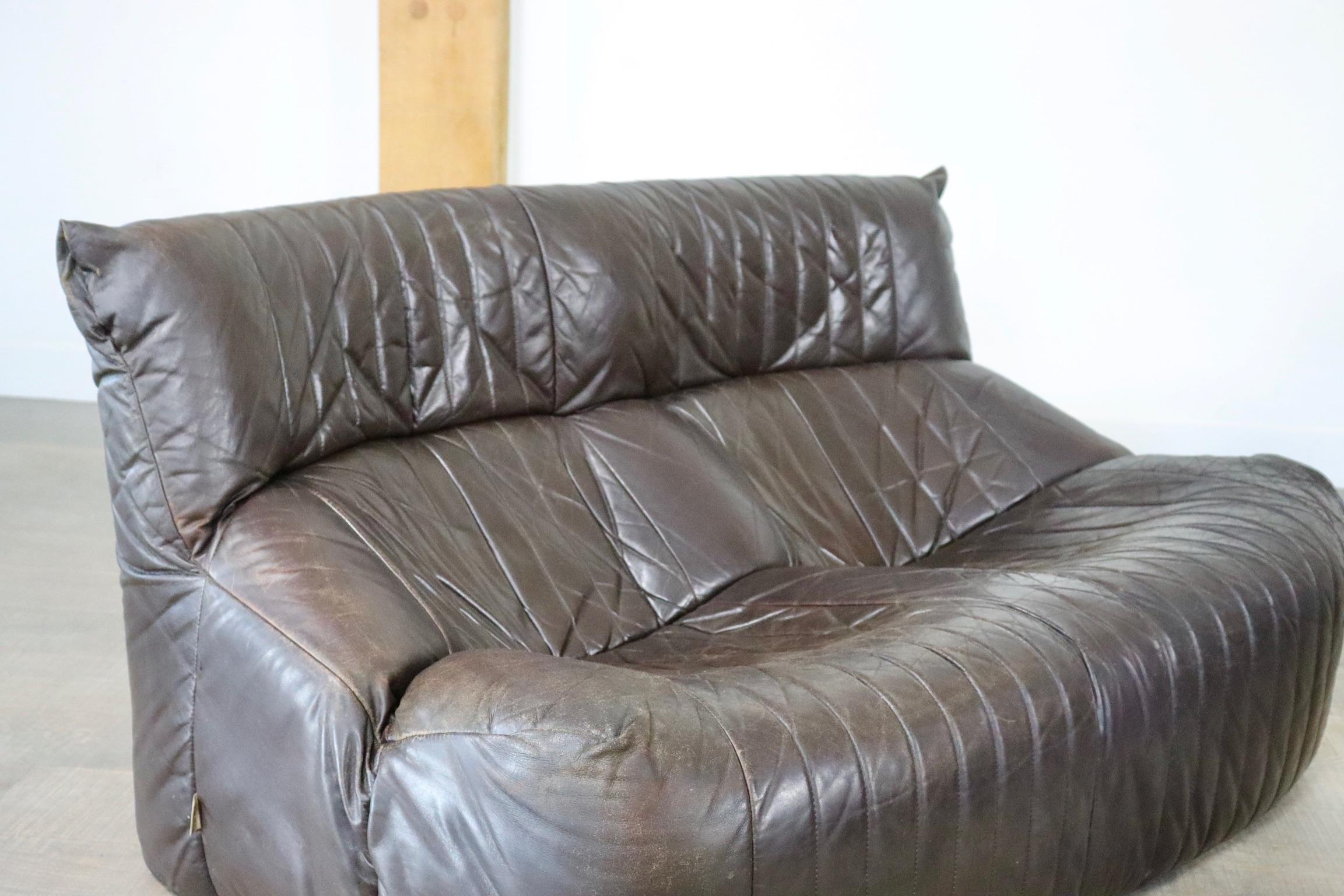 Ligne Roset Aralia seating group in brown leather by Michel Ducaroy, 1970s 6