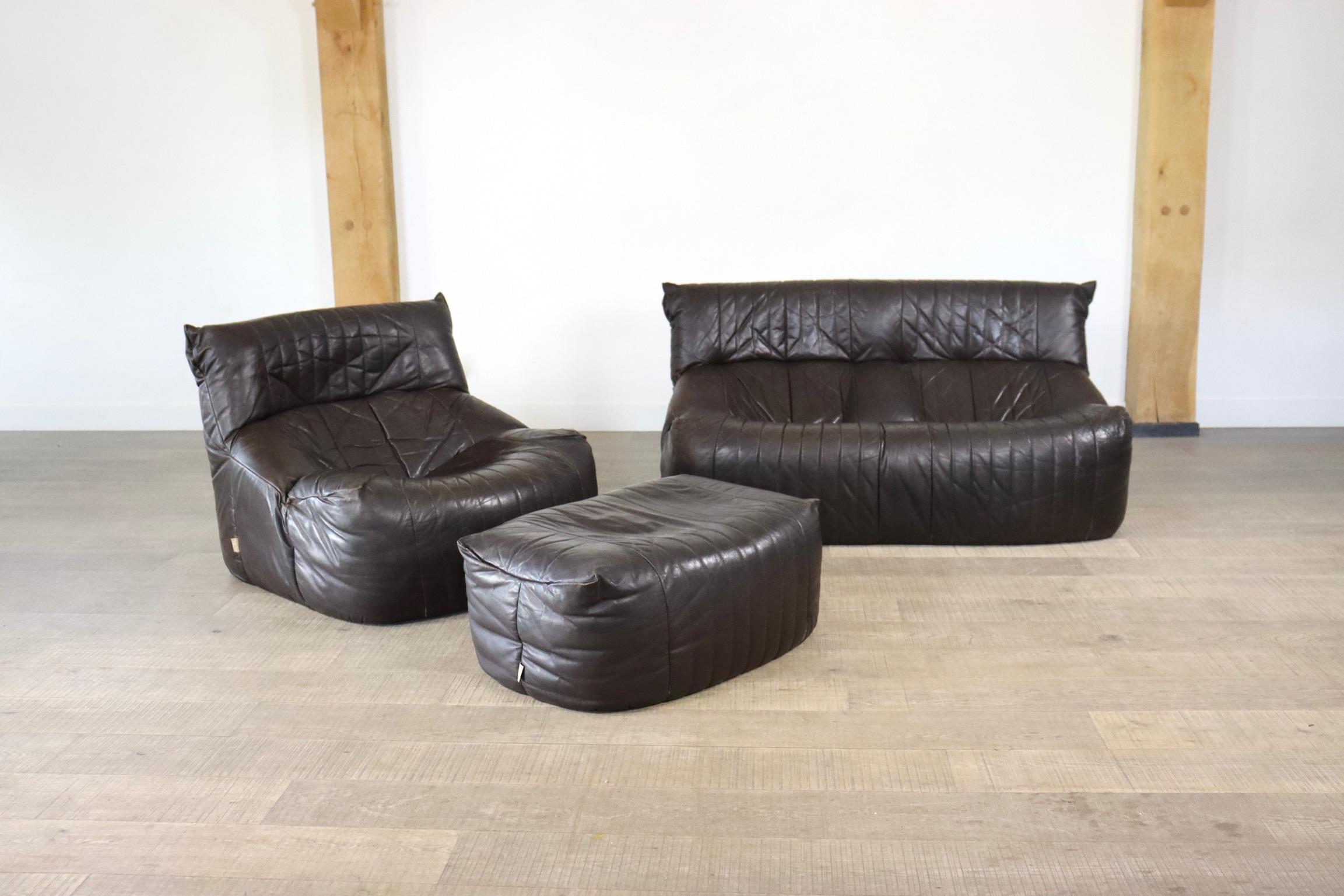 Rare vintage Aralia two seater sofa, lounge chair and ottoman by Michel Ducaroy for Ligne Roset in the 1970s. Comfortable and lightweight design to fit into any interior! 

Dimensions sofa: H 75 x D 85 x W 150 cm 

Dimensions lounge chair: W91 x D90