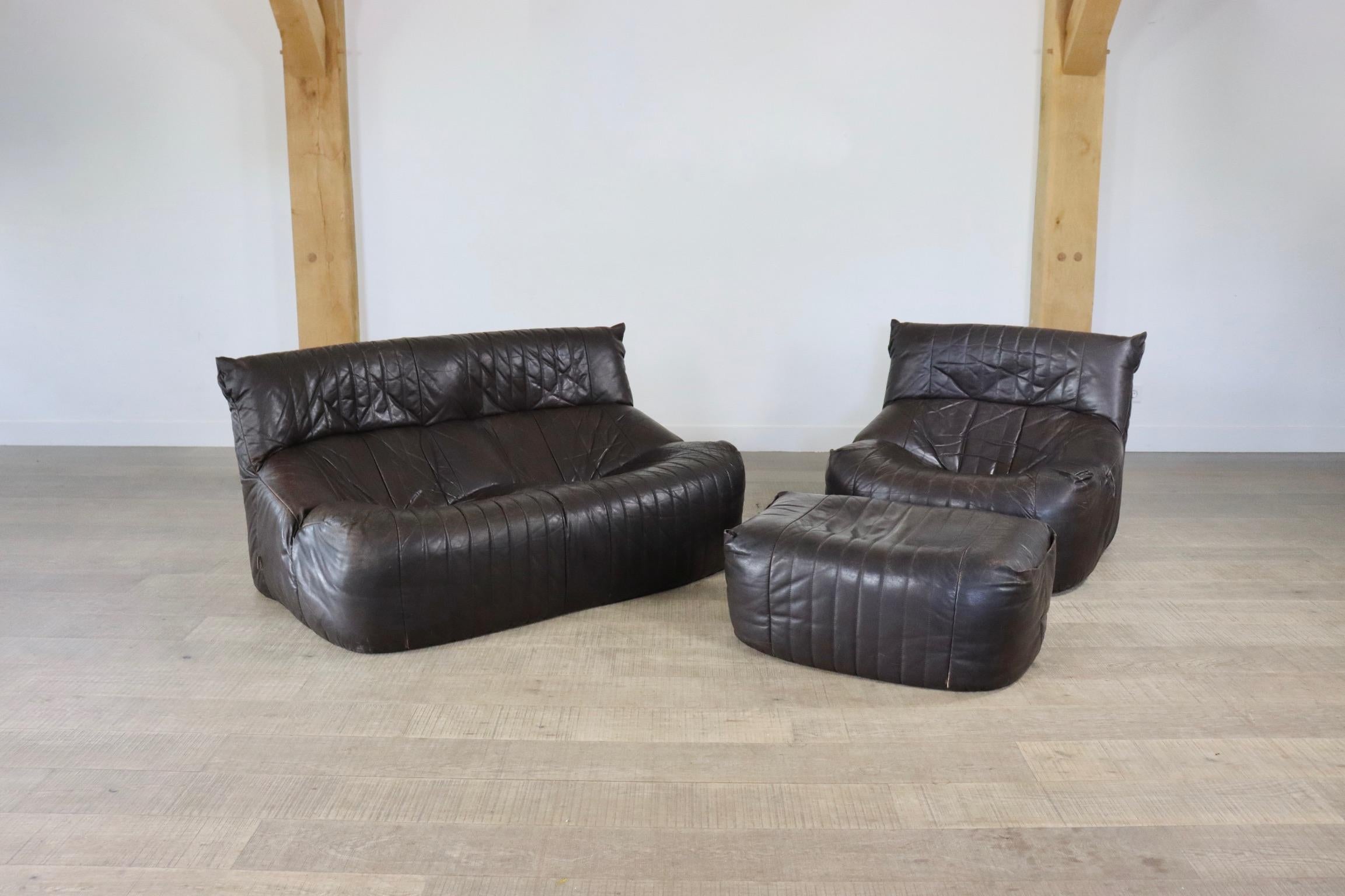 Ligne Roset Aralia seating group in brown leather by Michel Ducaroy, 1970s In Good Condition In ABCOUDE, UT