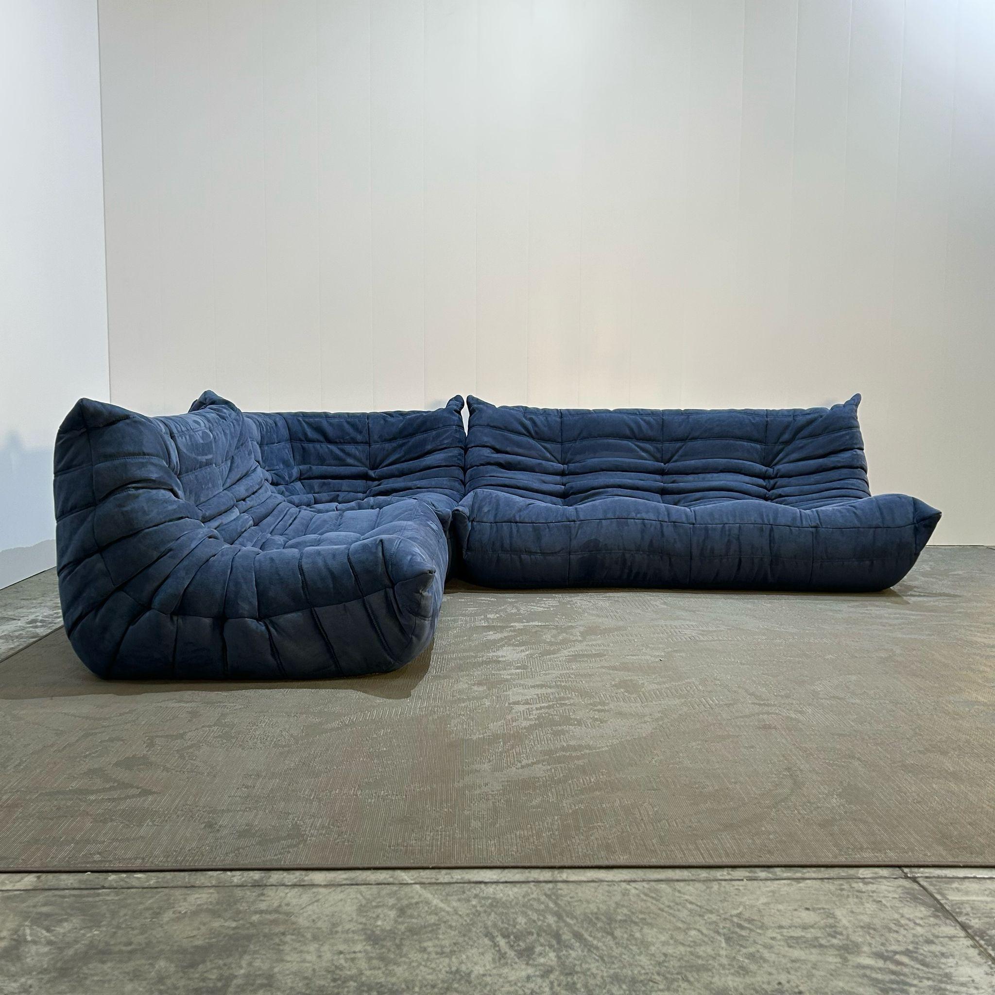 French Ligne Roset Blue Modular Togo Sofa by Michel Ducaroy, Set of Three