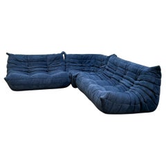 Canapé modulaire Togo Ligne Roset bleu de Michel Ducaroy, lot de trois