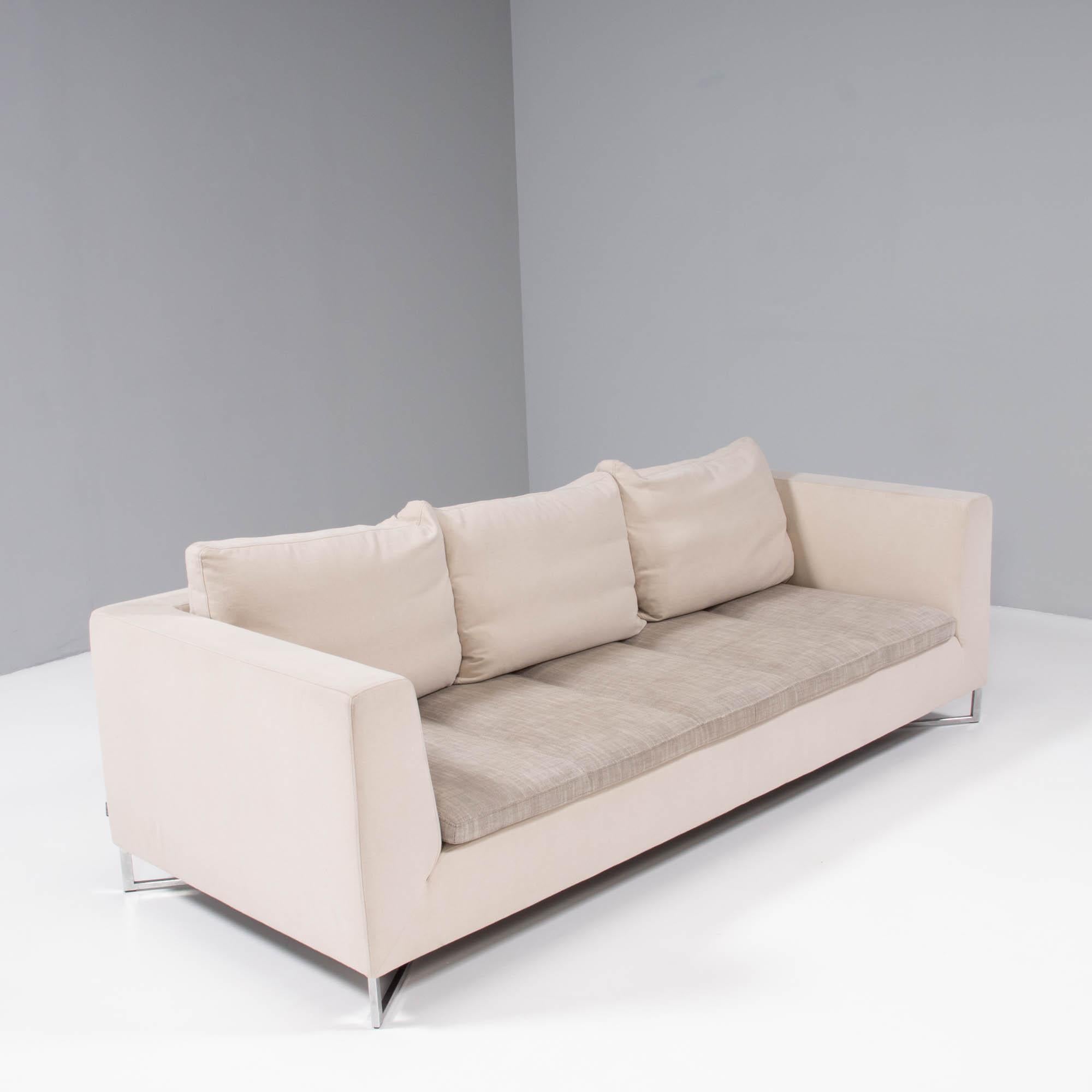 Ligne Roset by Didier Gomez Feng Cream and Brown Three-Seat Sofa 1