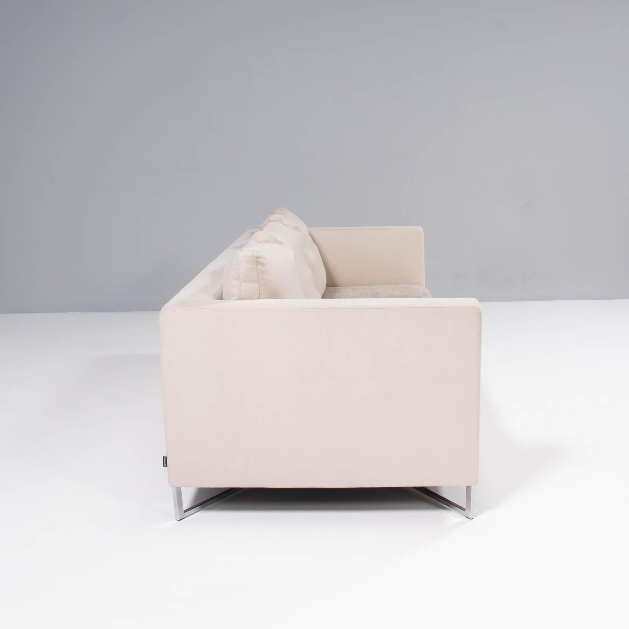 Fabric Ligne Roset by Didier Gomez Feng Cream and Brown Three-Seat Sofa