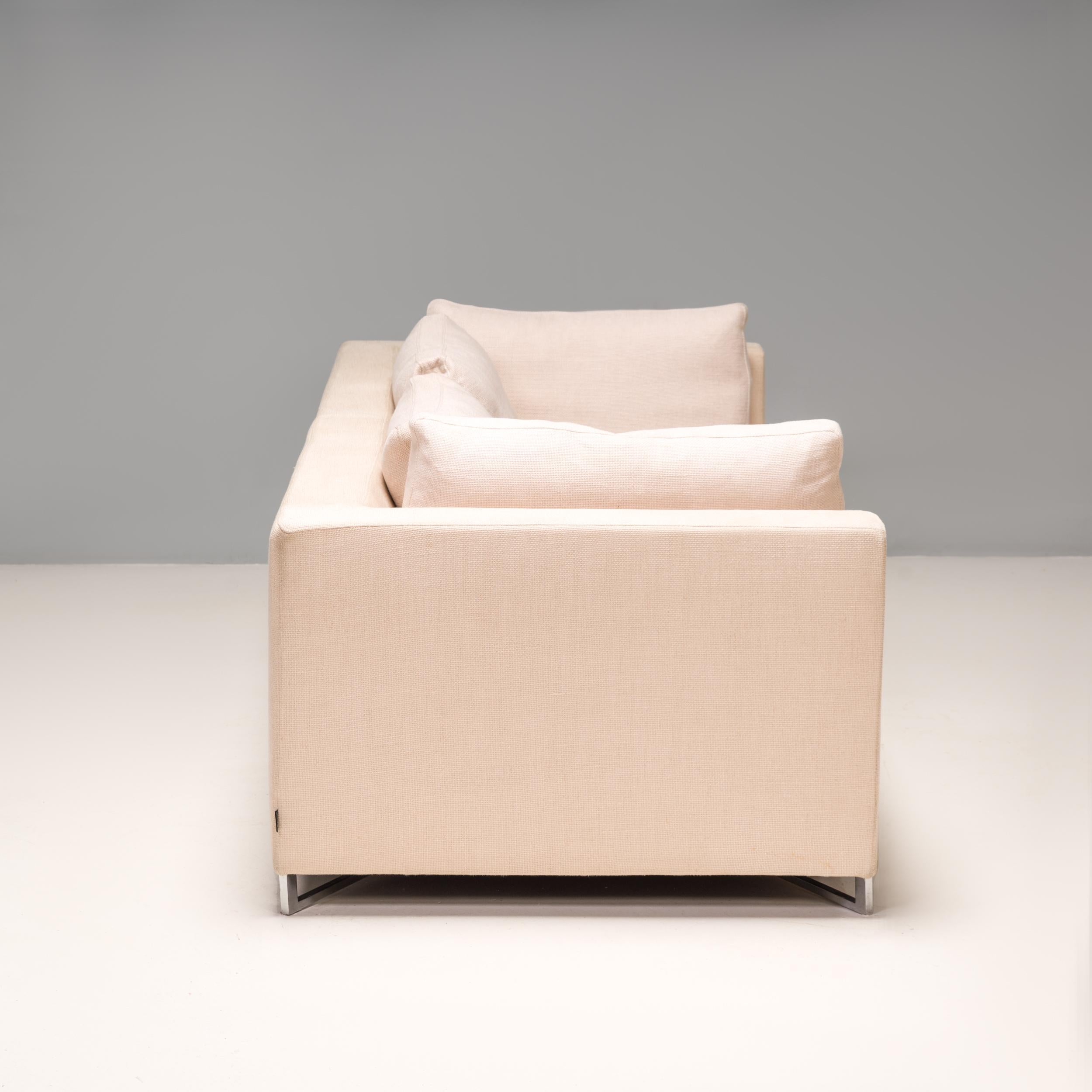 Ligne Roset by Didier Gomez Feng Dreisitziges Sofa aus elfenbeinfarbenem und braunem Leder (Französisch) im Angebot
