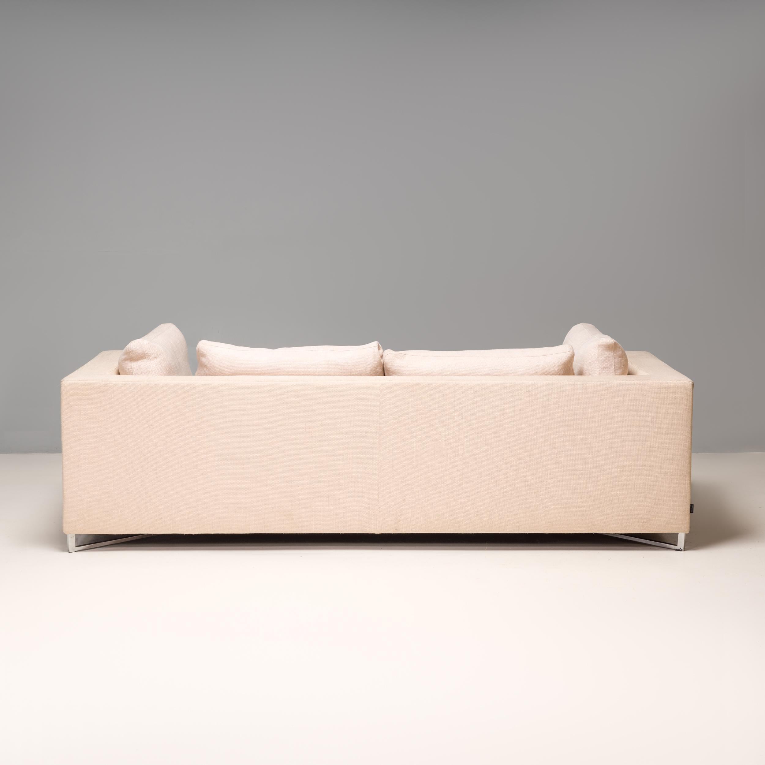French Ligne Roset by Didier Gomez Feng Ivory and Brown Leather Three-Seat Sofa For Sale