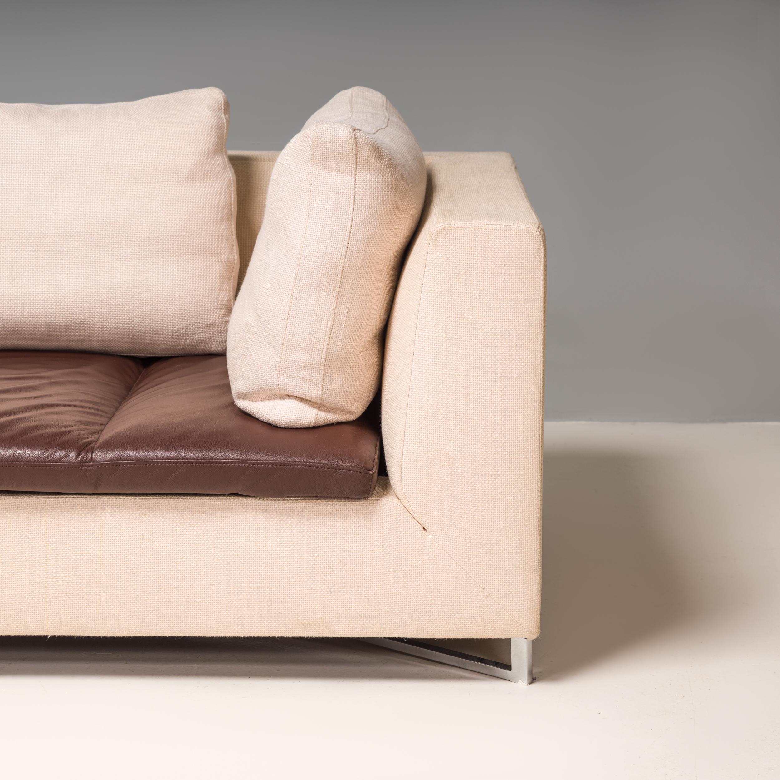 Ligne Roset by Didier Gomez Feng Ivory and Brown Leather Three-Seat Sofa In Good Condition For Sale In London, GB