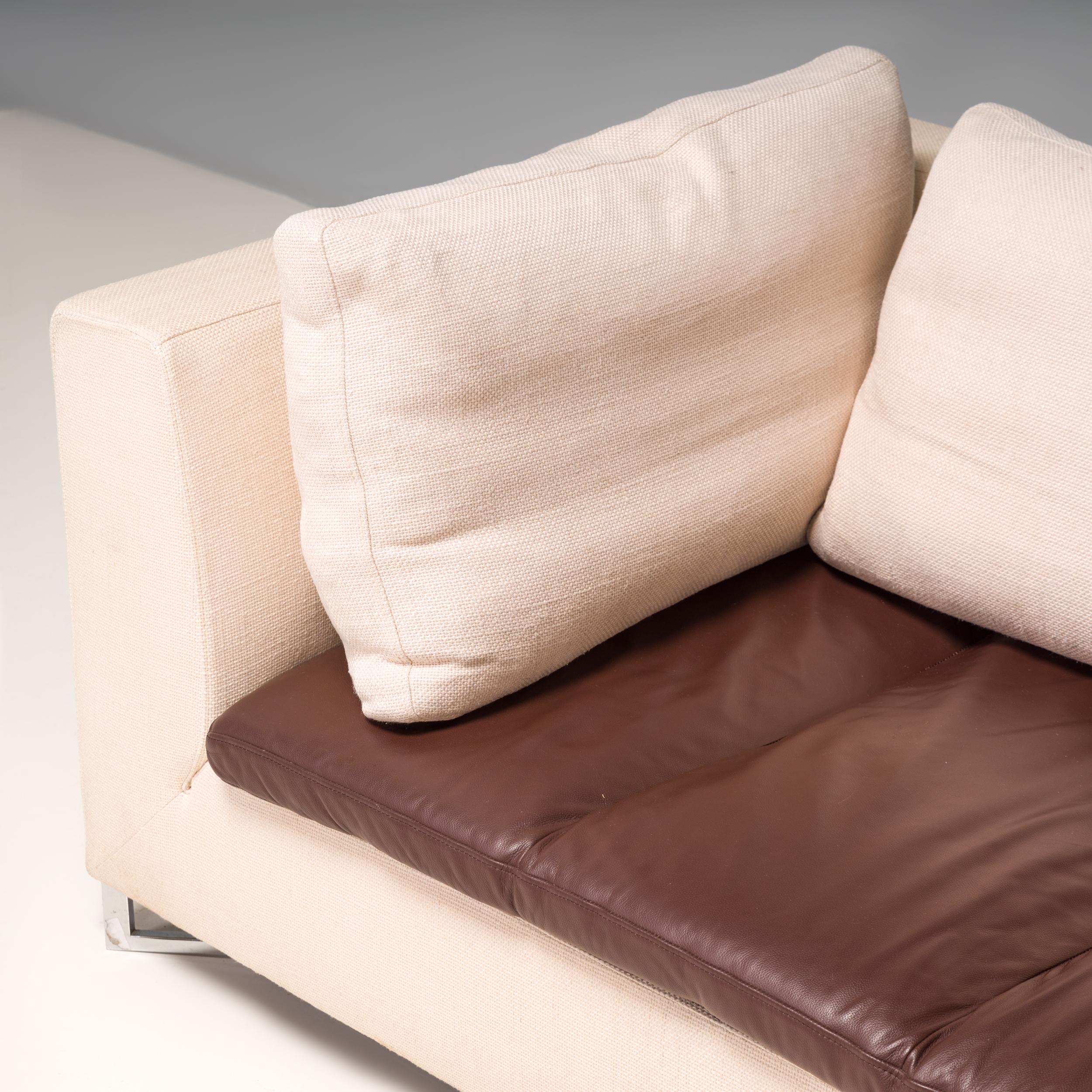 Contemporary Ligne Roset by Didier Gomez Feng Ivory and Brown Leather Three-Seat Sofa For Sale