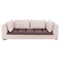 Ligne Roset by Didier Gomez Feng Ivory and Brown Leather Three-Seat Sofa