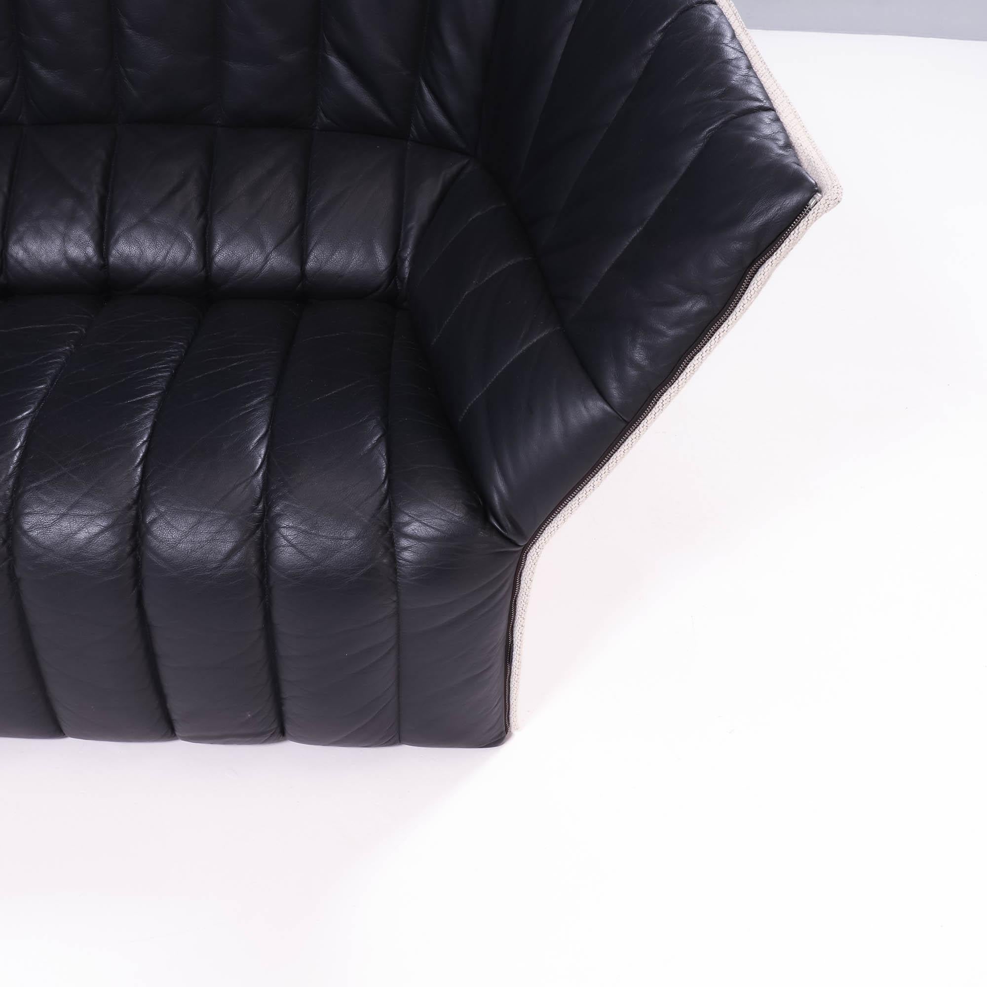 Ligne Roset by Inga Sempé Moel Black Leather Quilted Loveseat Sofa In Good Condition In London, GB