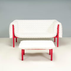 Ligne Roset by Inga Sempé Ruché White Velvet and Red Sofa & Footstool