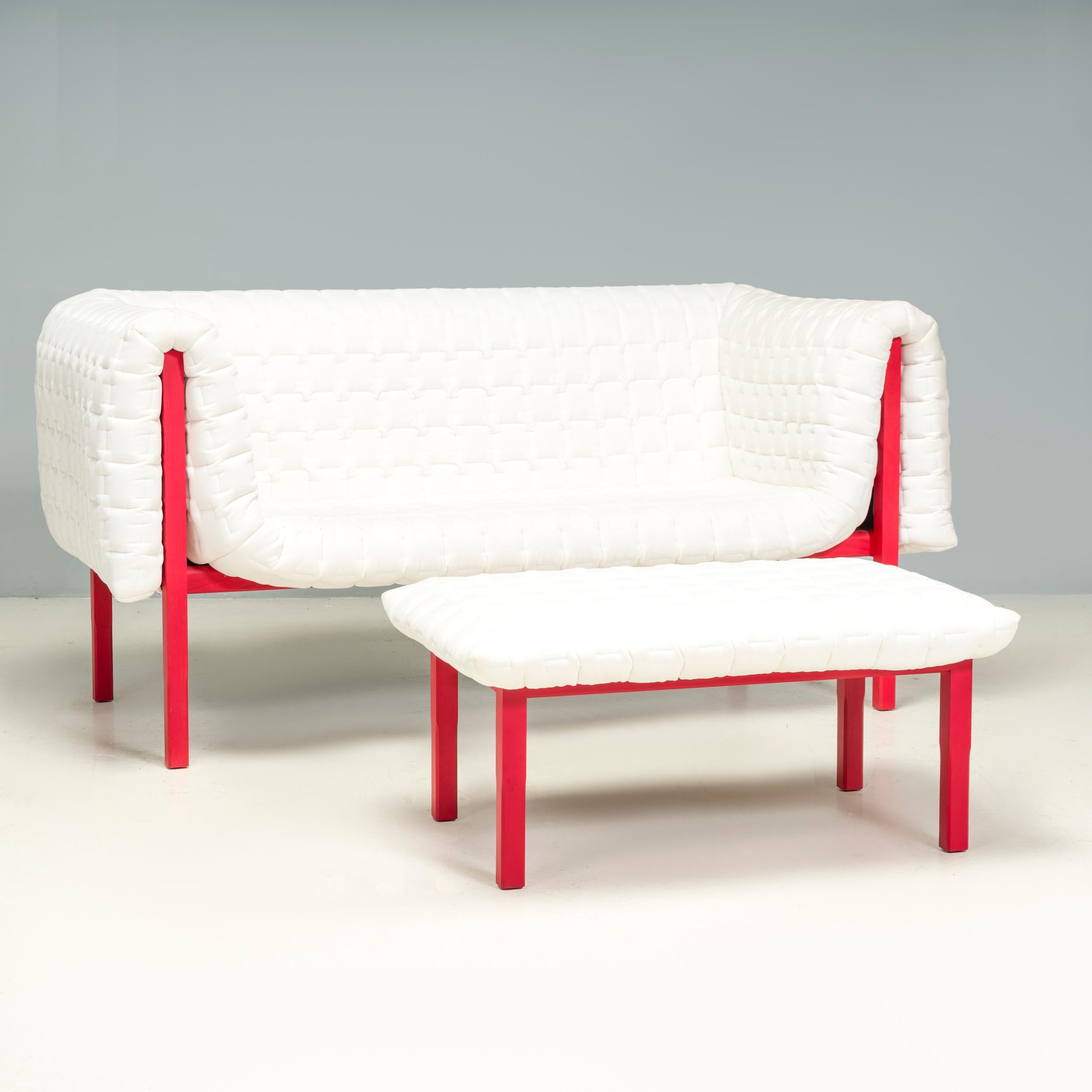 French Ligne Roset by Inga Sempé Ruché White Velvet and Red Sofa & Footstool For Sale