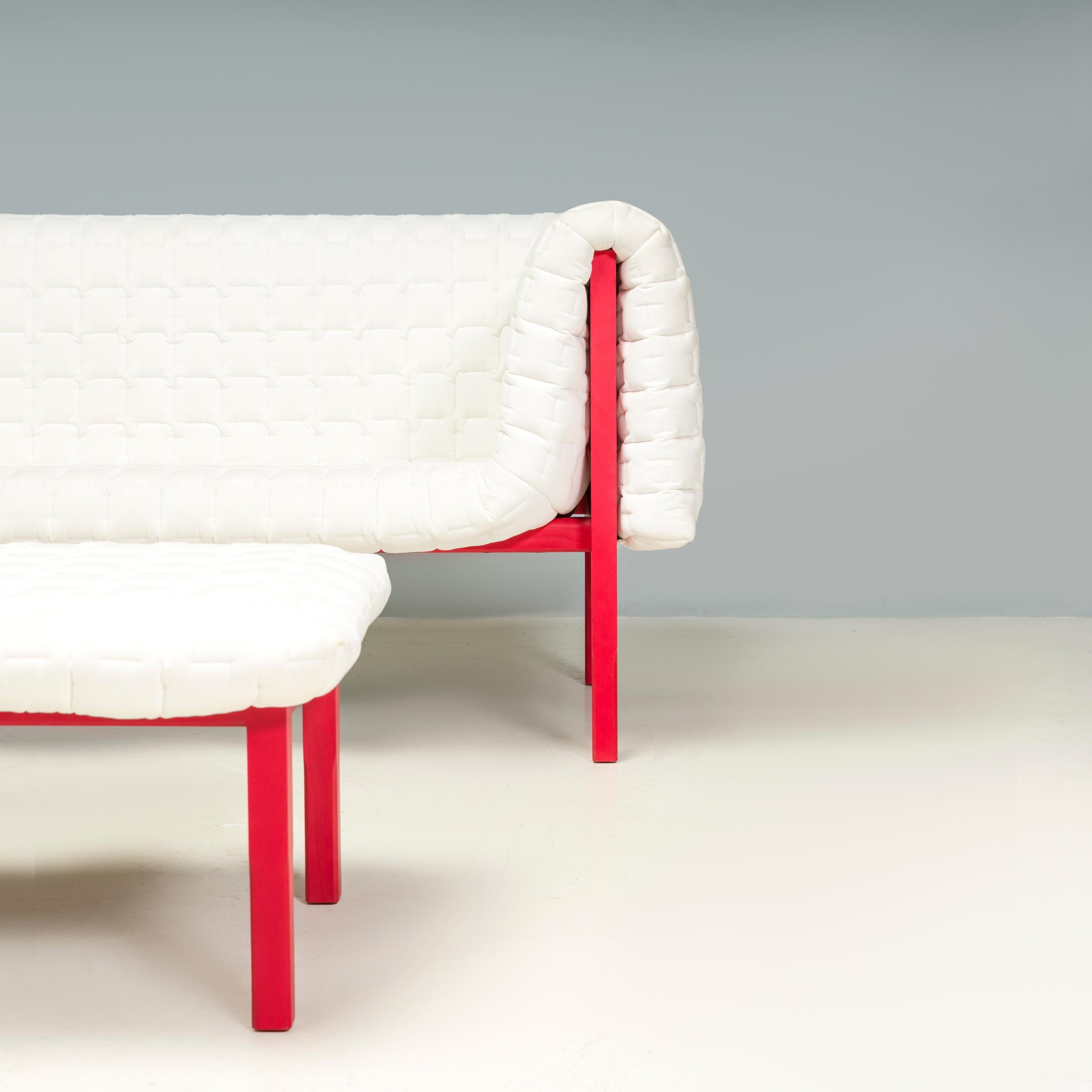 Contemporary Ligne Roset by Inga Sempé Ruché White Velvet and Red Sofa & Footstool For Sale